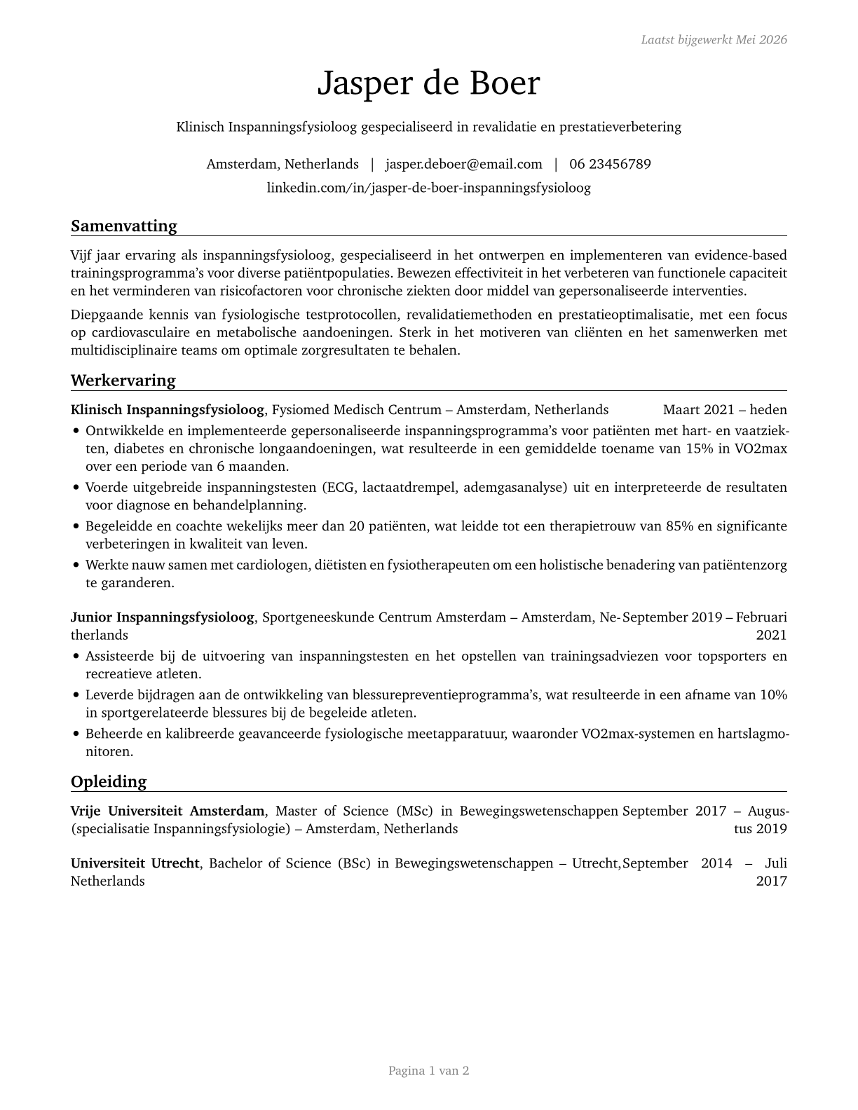 Exercise Physiologists CV in Dutch — page 1