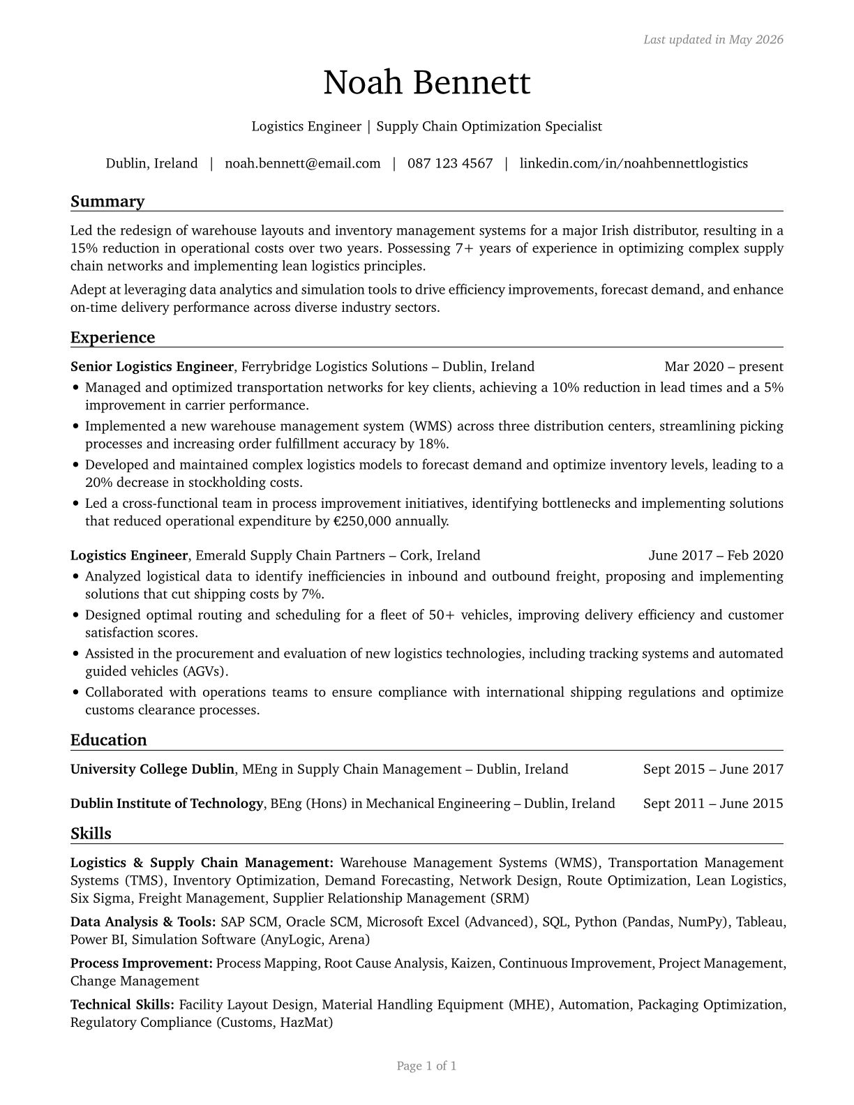 Logistics Engineers CV in English — page 1