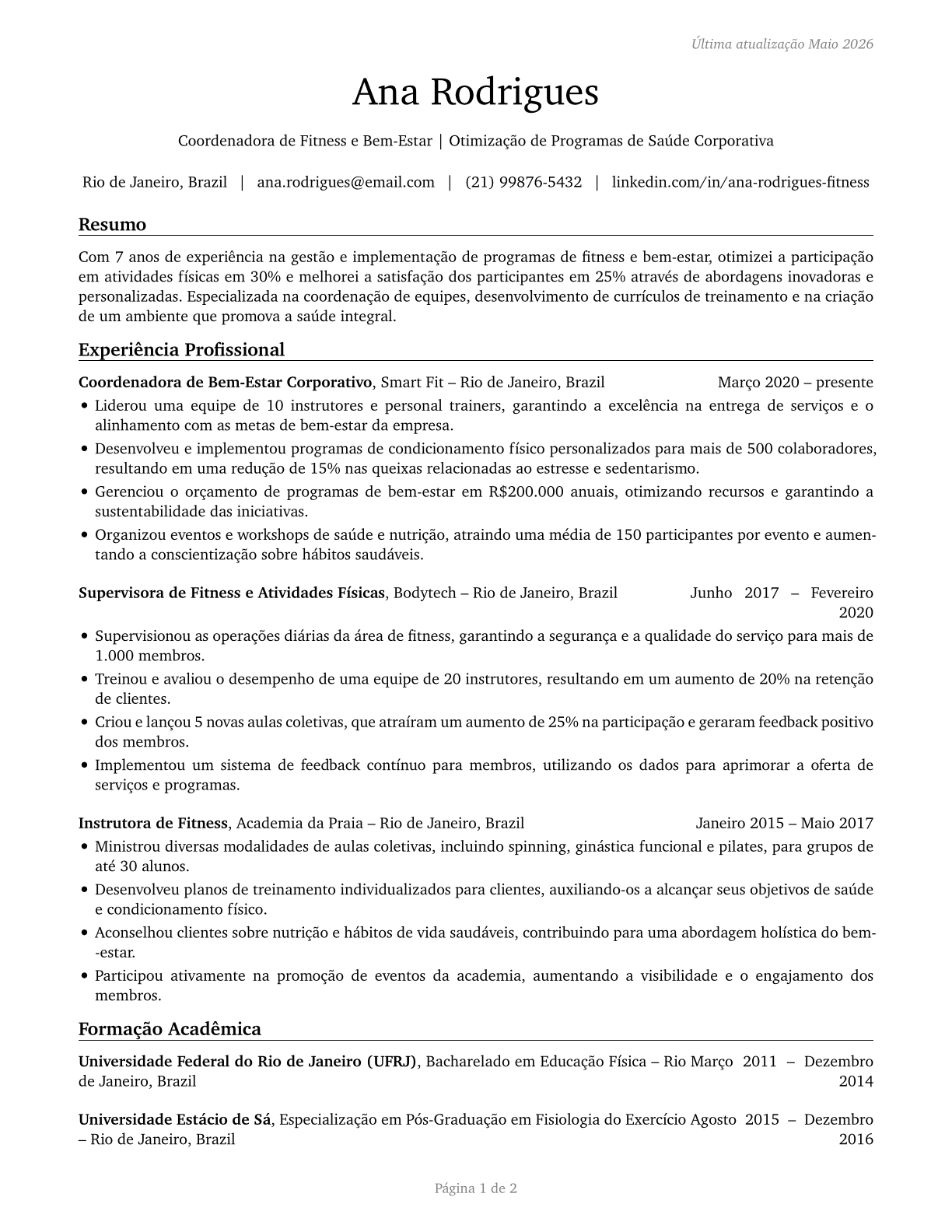 Fitness and Wellness Coordinators CV in Portuguese — page 1