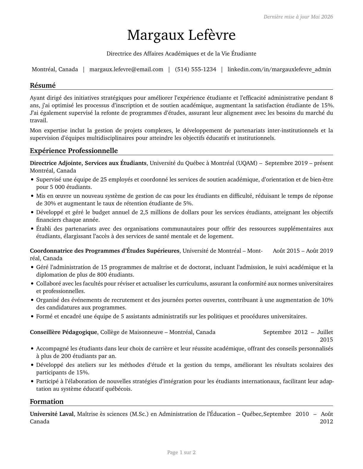 Education Administrators, Postsecondary CV in French — page 1