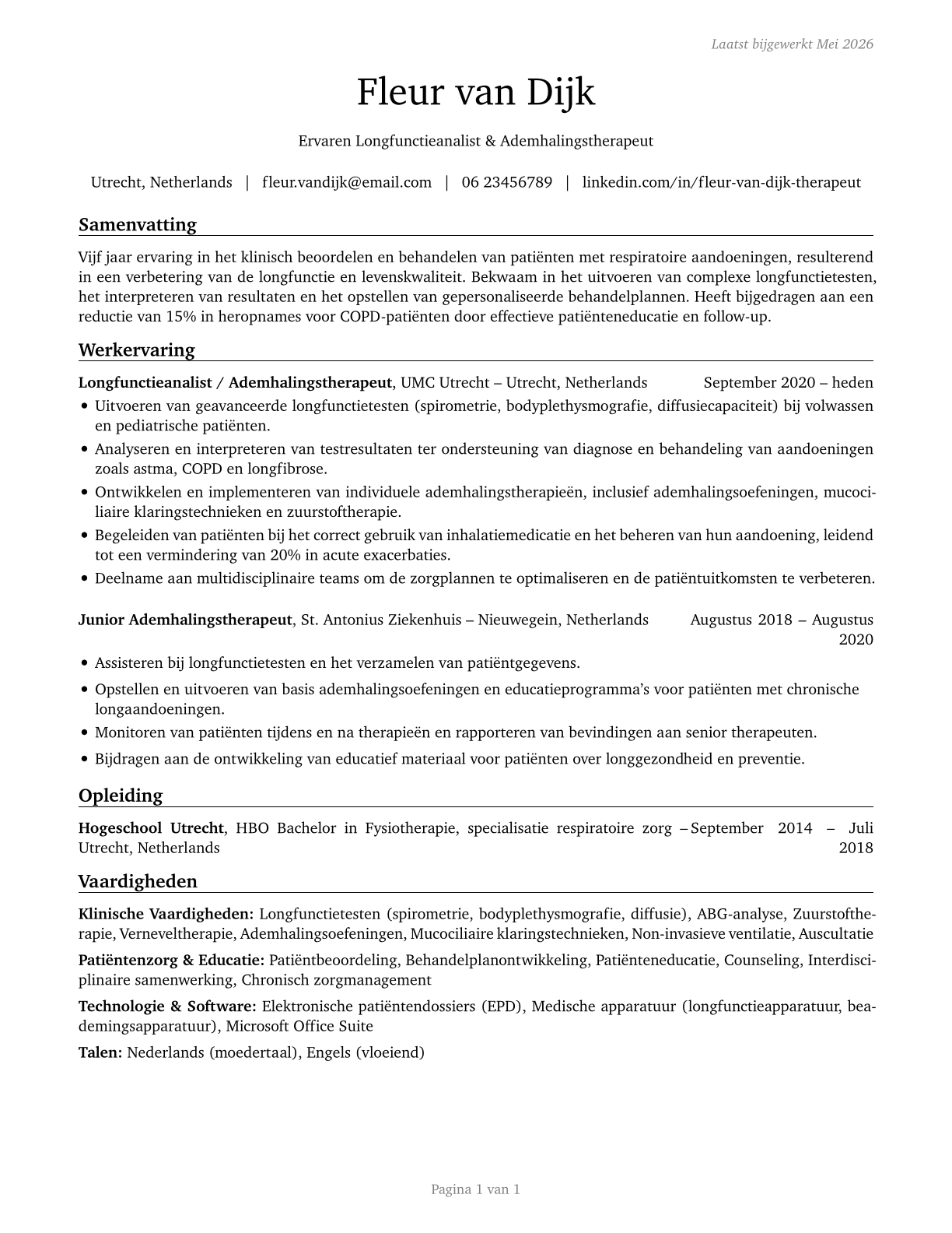 Respiratory Therapists CV in Dutch — page 1