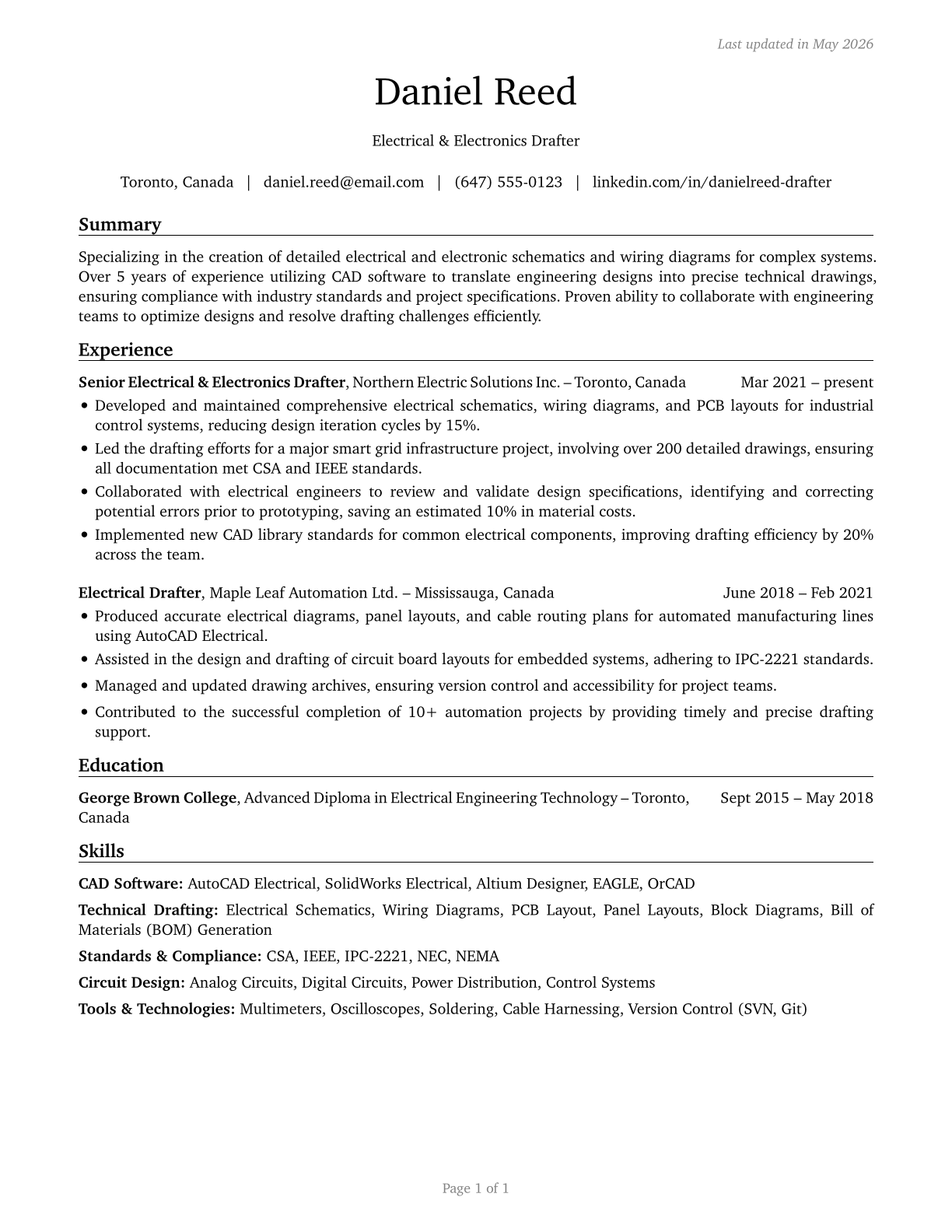 Electrical and Electronics Drafters CV in English — page 1