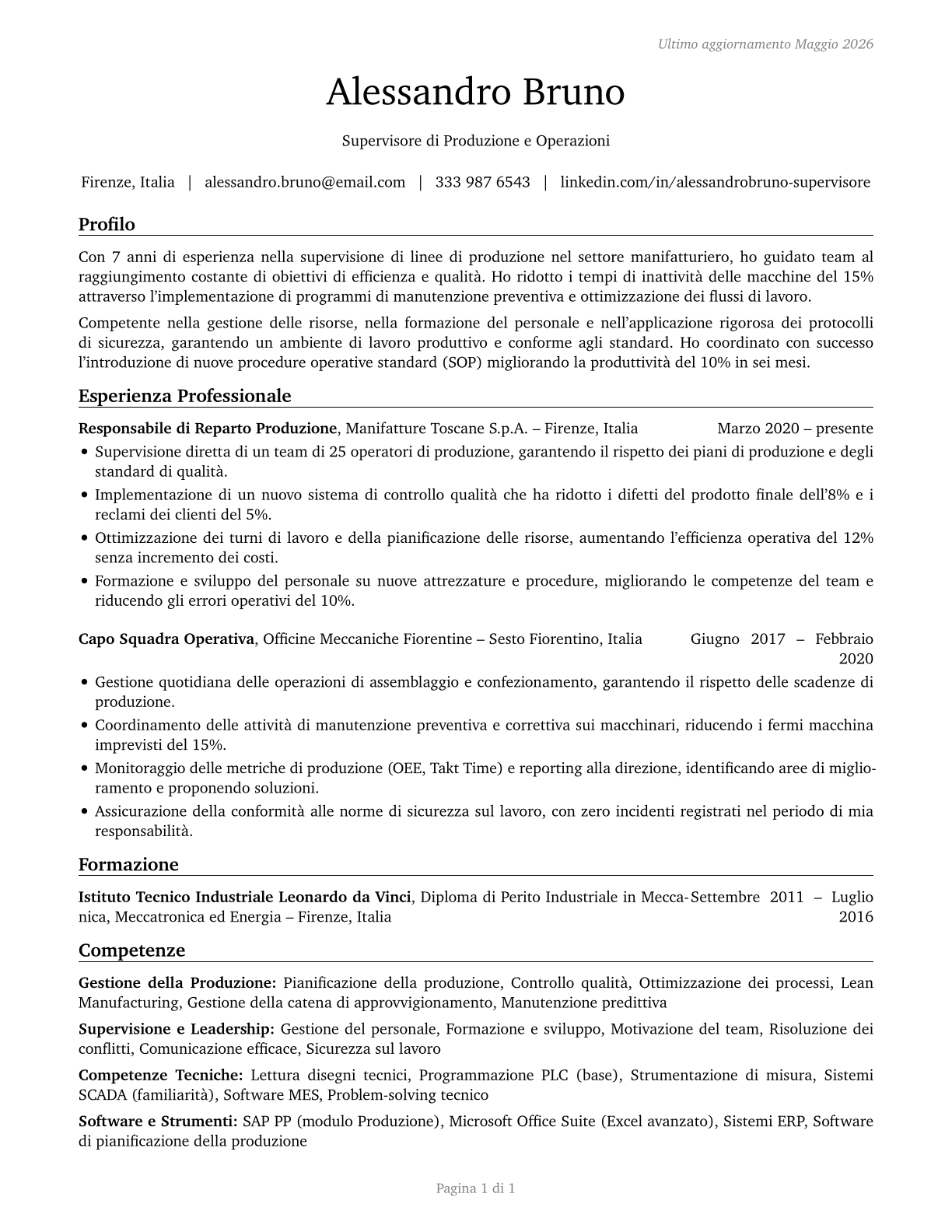 First-Line Supervisors of Production and Operating Workers CV in Italian — page 1