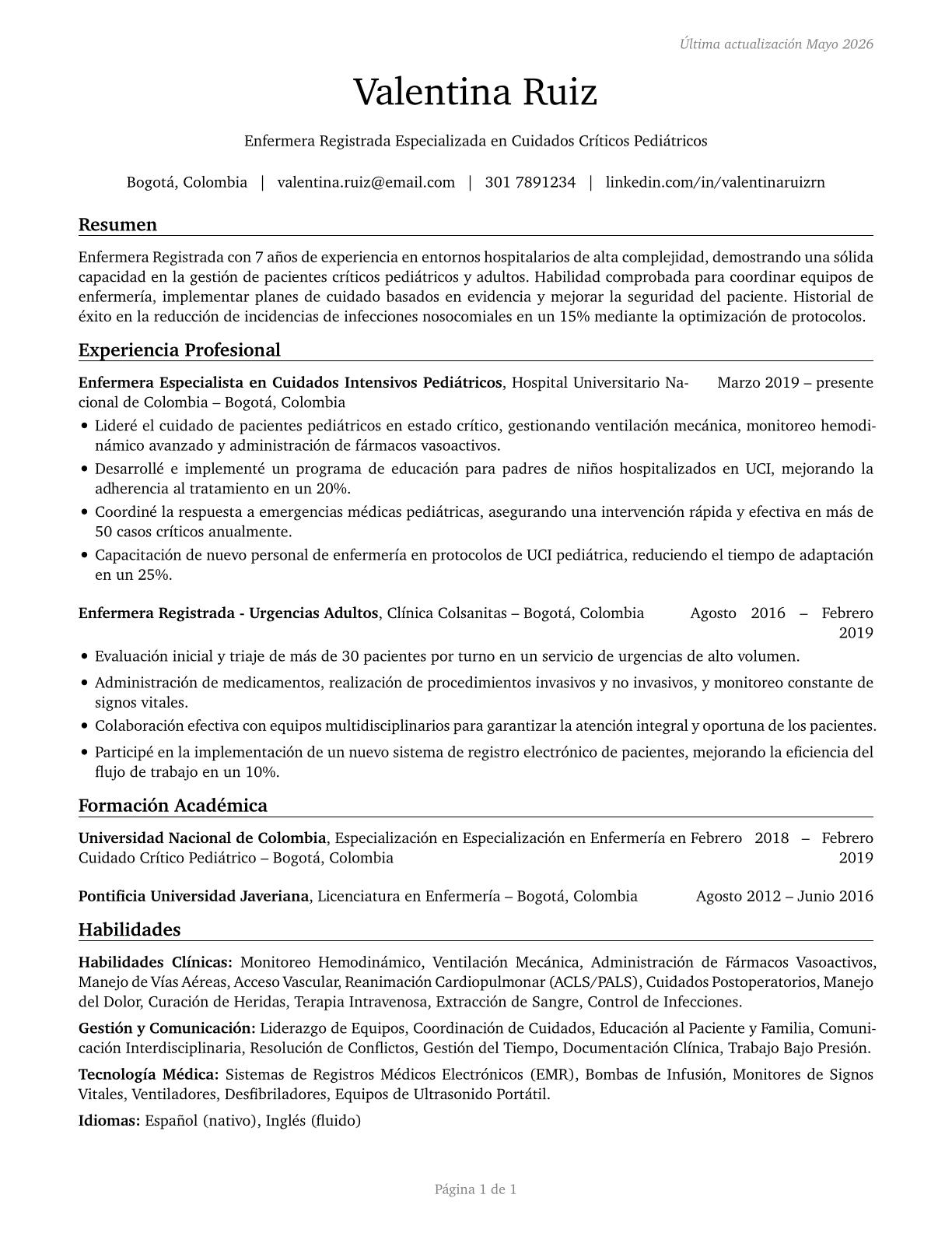 Registered Nurses CV in Spanish — page 1
