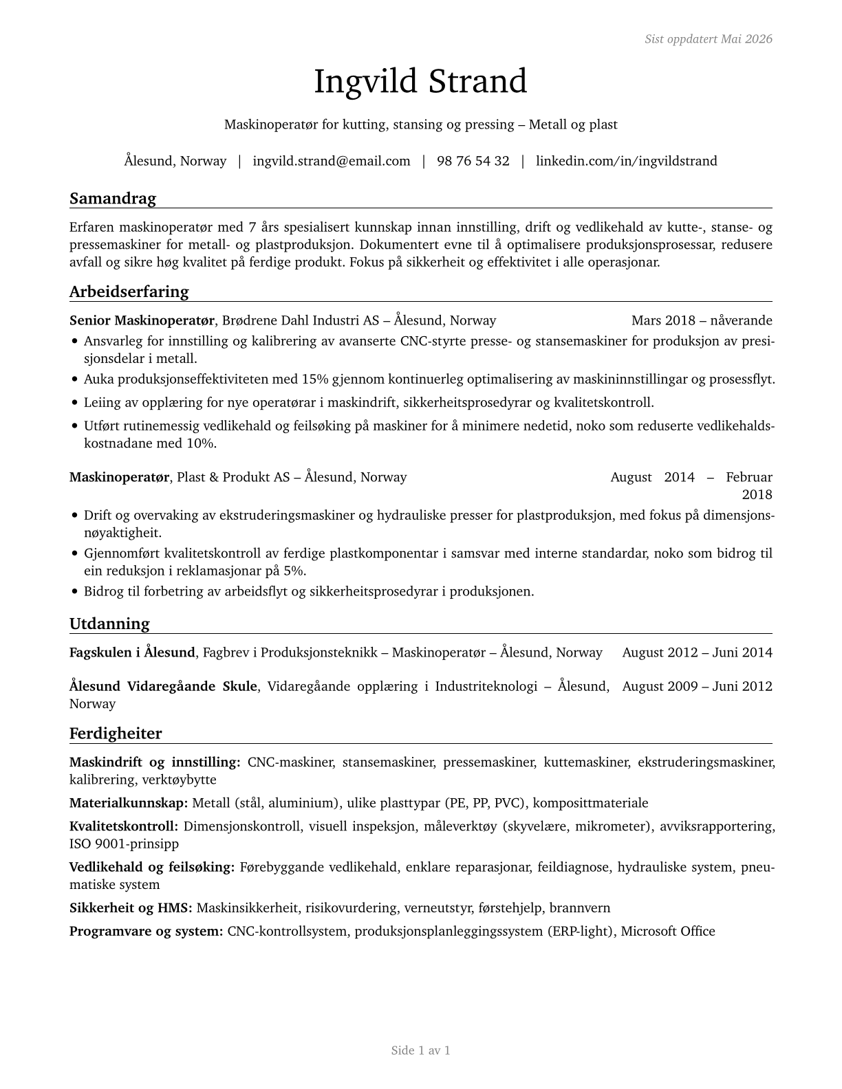 Cutting, Punching, and Press Machine Setters, Operators, and Tenders, Metal and Plastic CV in Norwegian_nynorsk — page 1