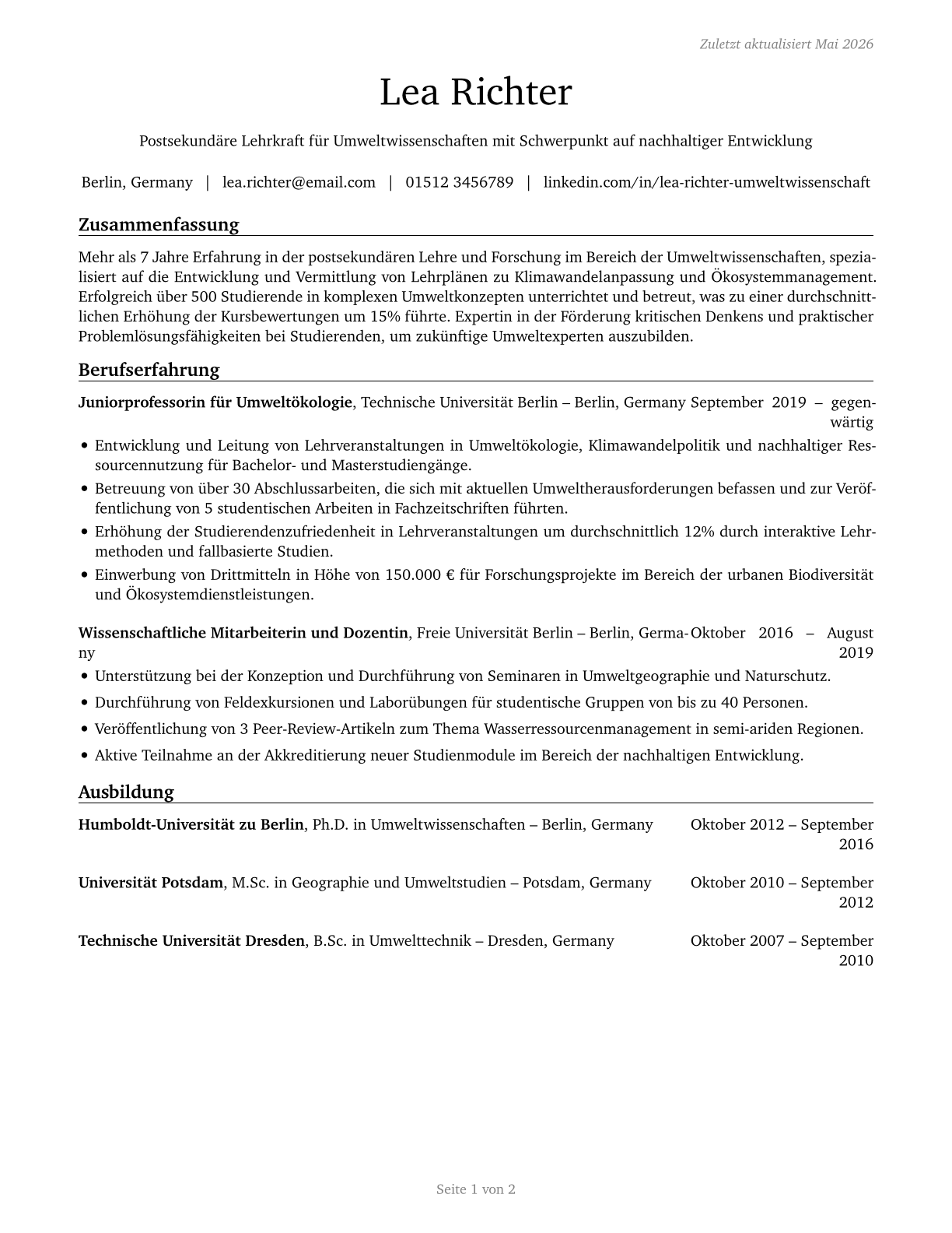 Environmental Science Teachers, Postsecondary CV in German — page 1