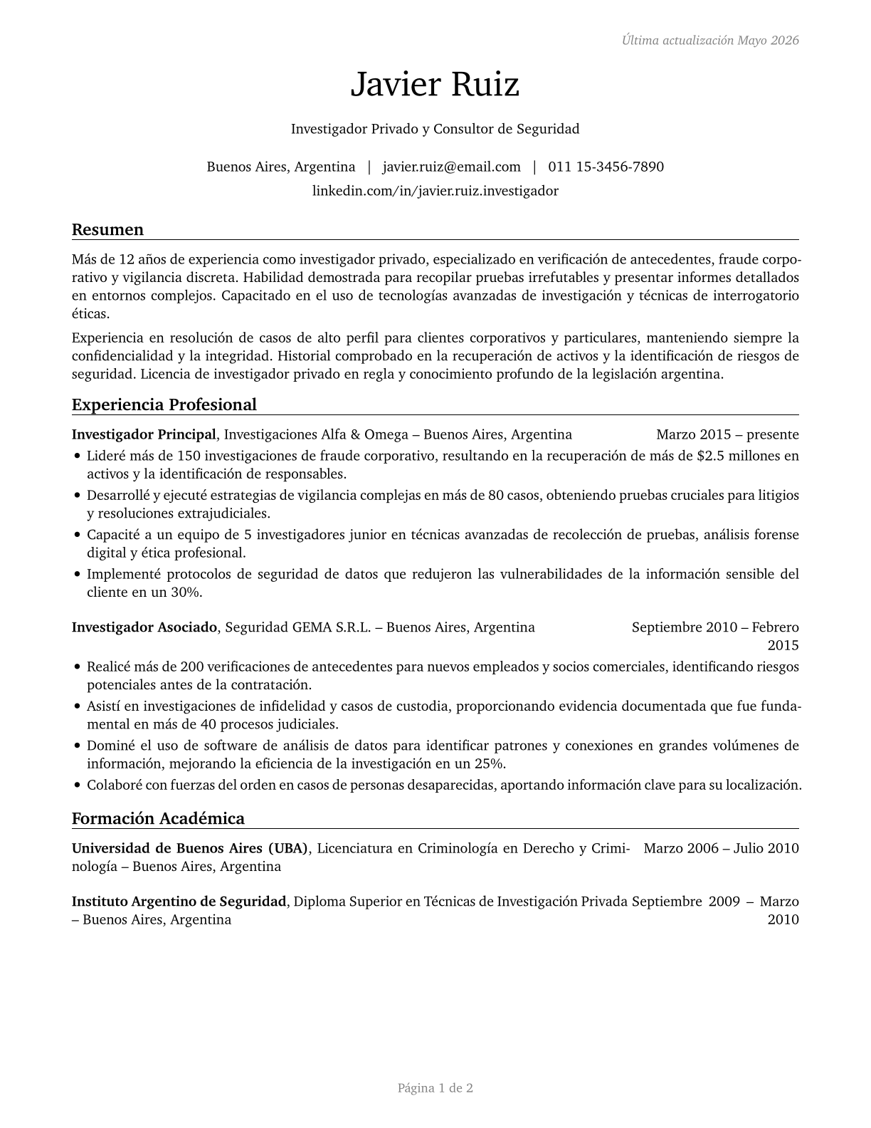 Private Detectives and Investigators CV in Spanish — page 1
