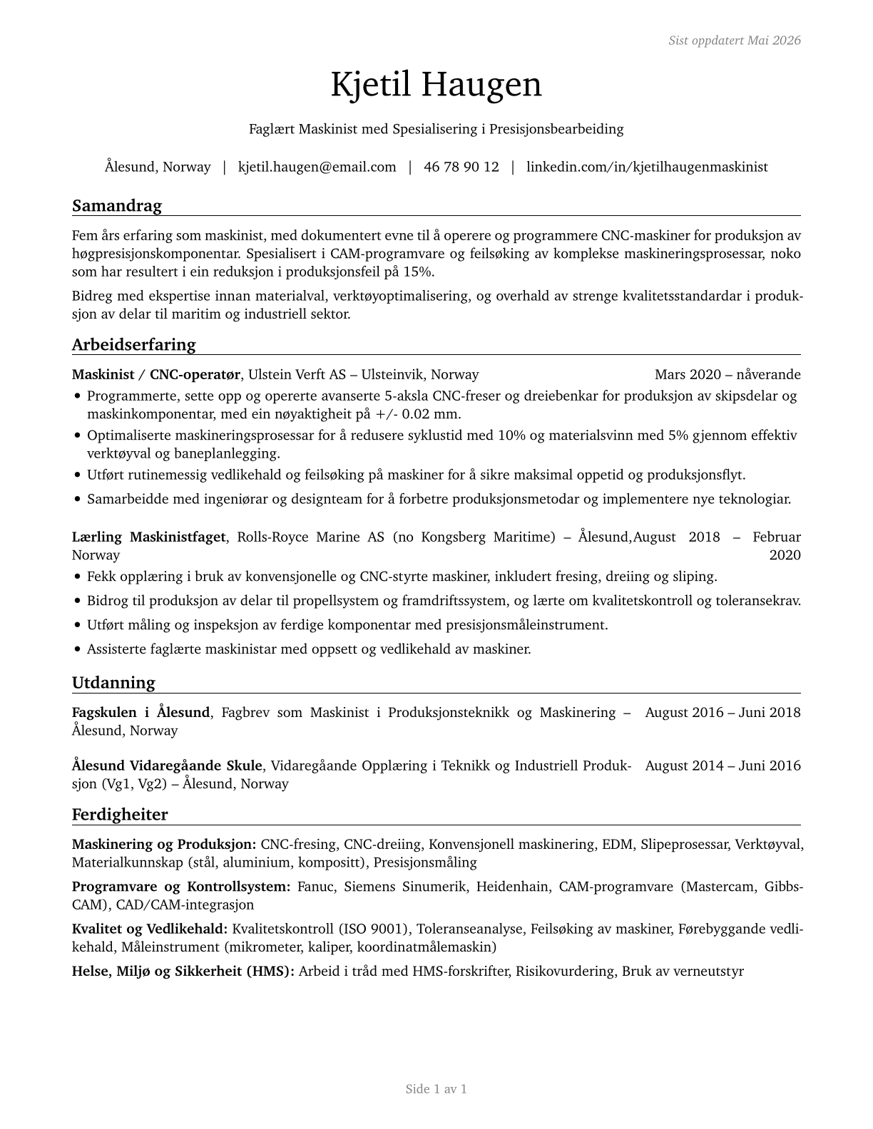 Machinists CV in Norwegian_nynorsk — page 1