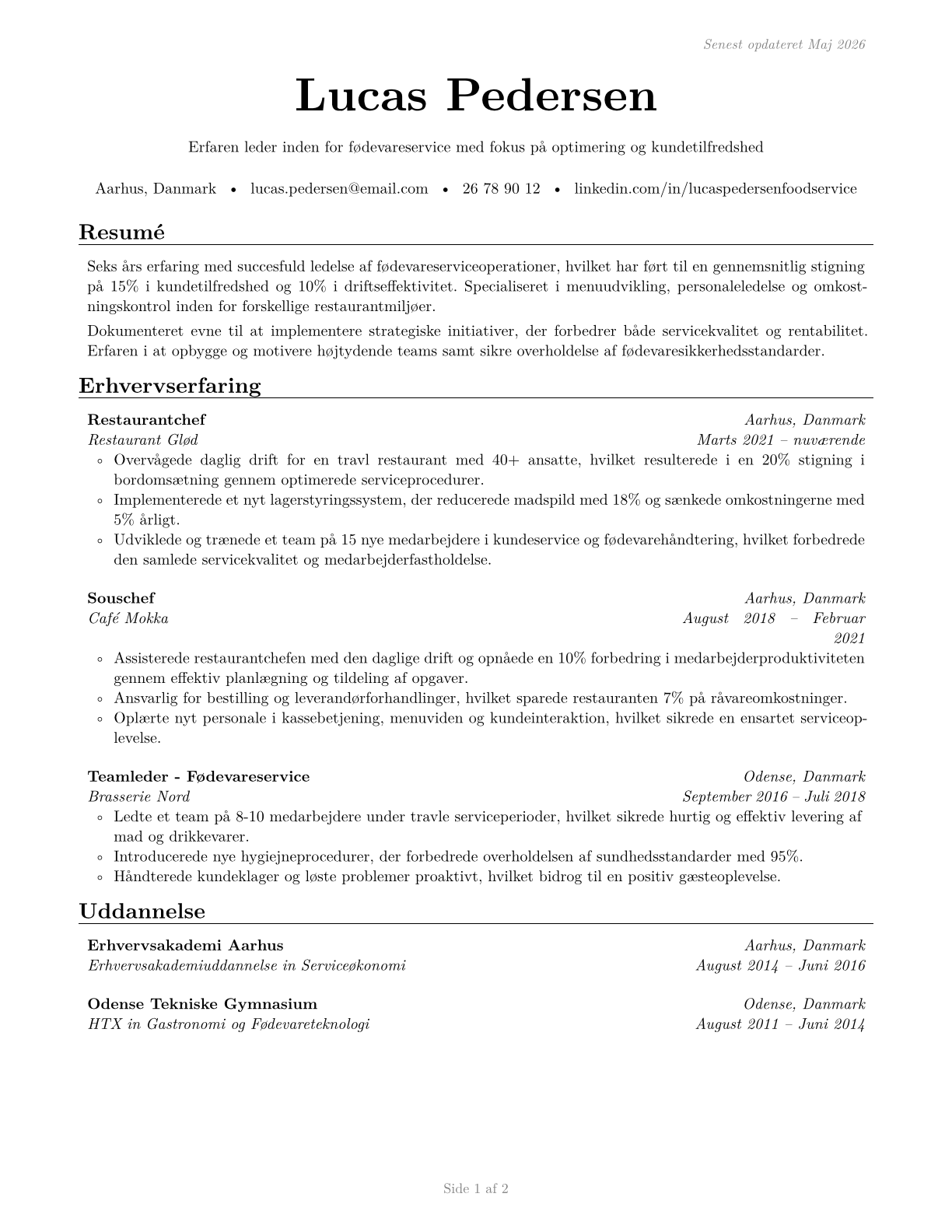 Food Service Managers CV in Danish — page 1