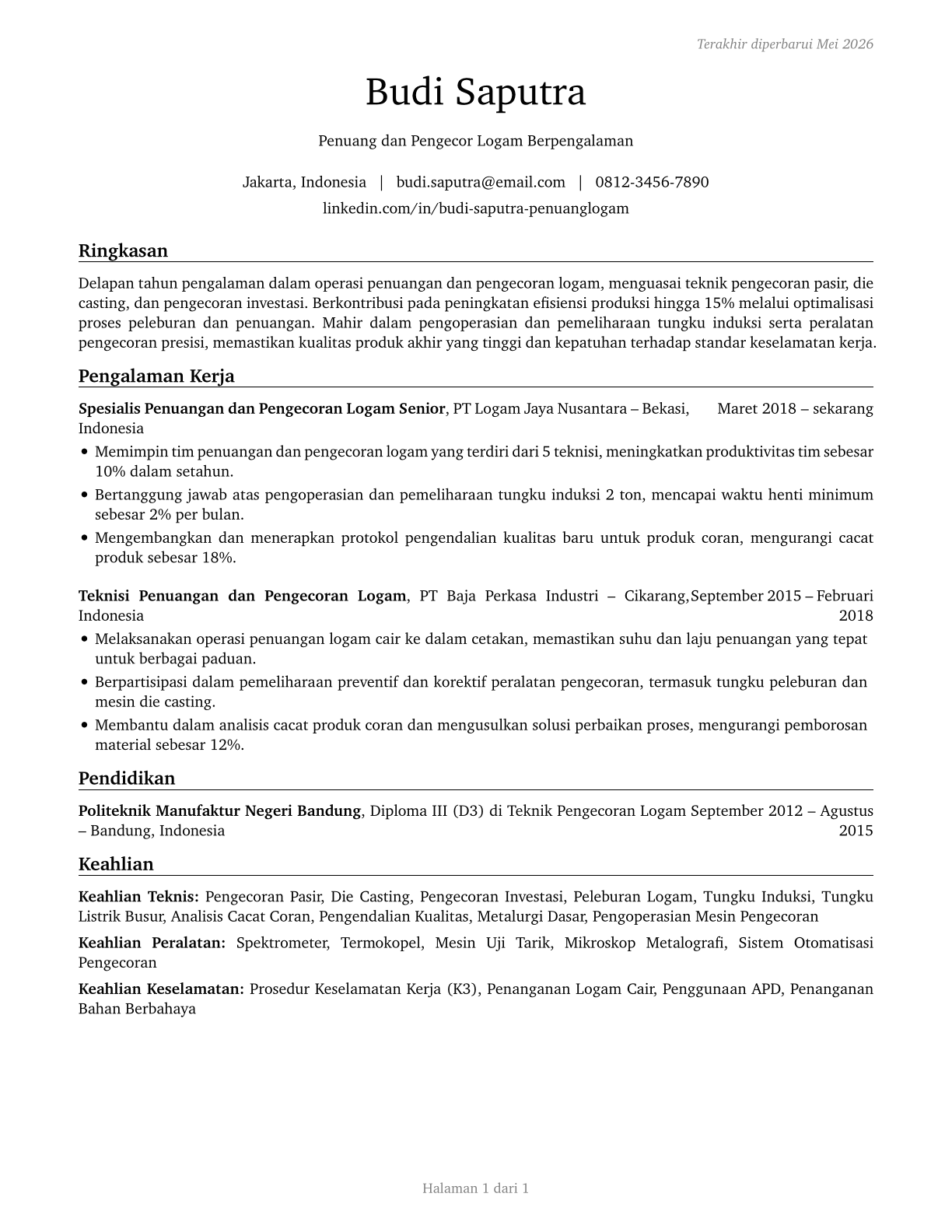 Pourers and Casters, Metal CV in Indonesian — page 1