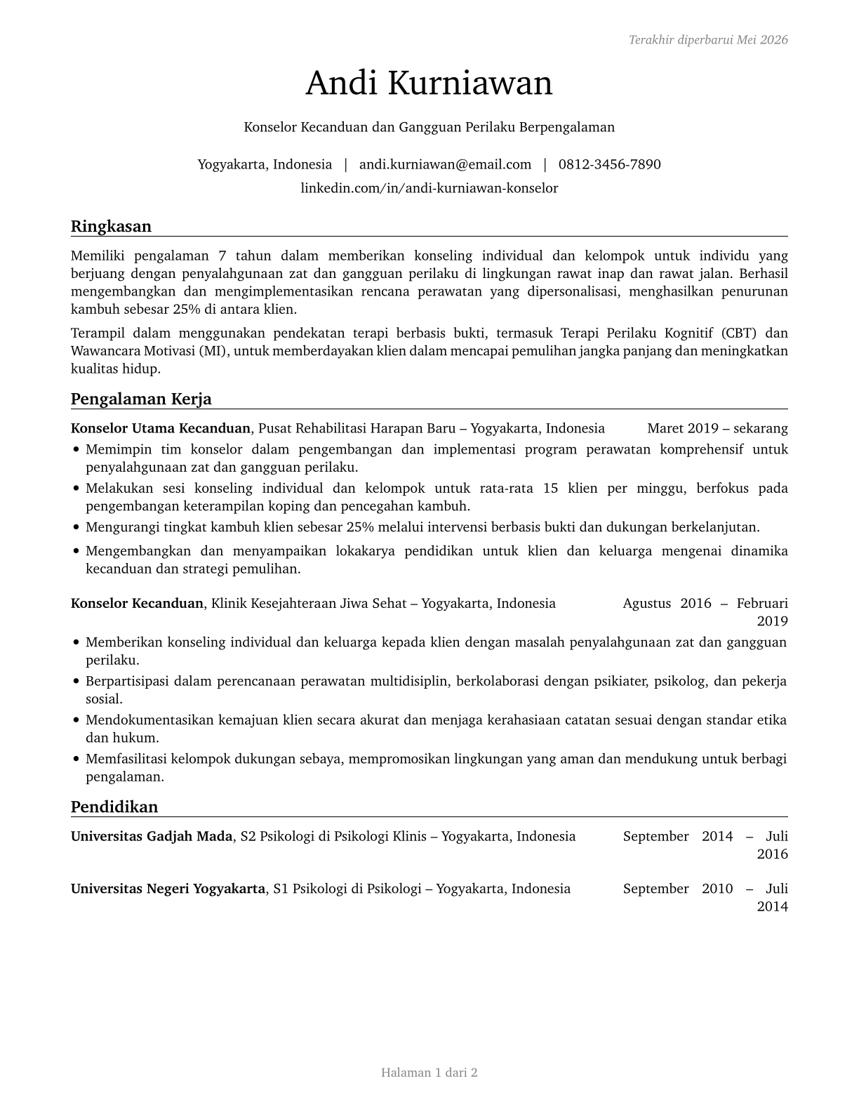 Substance Abuse and Behavioral Disorder Counselors CV in Indonesian — page 1