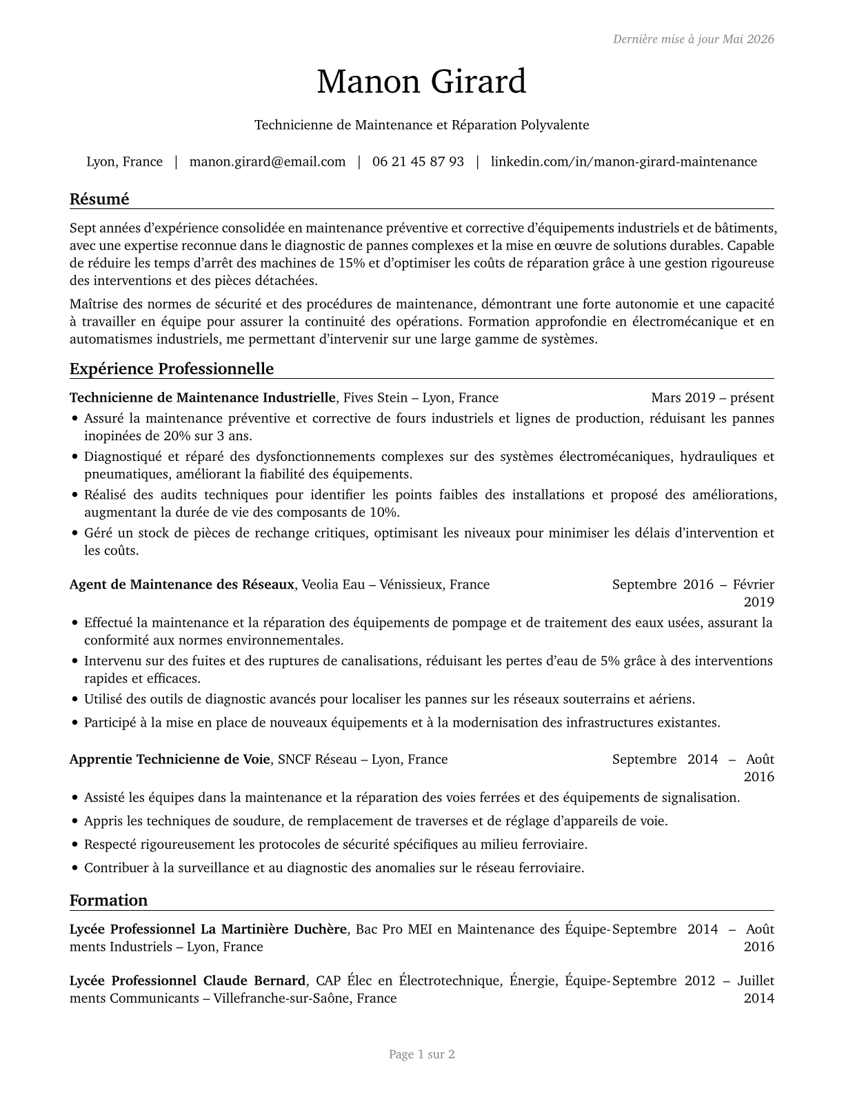 Maintenance and Repair Workers, General CV in French — page 1
