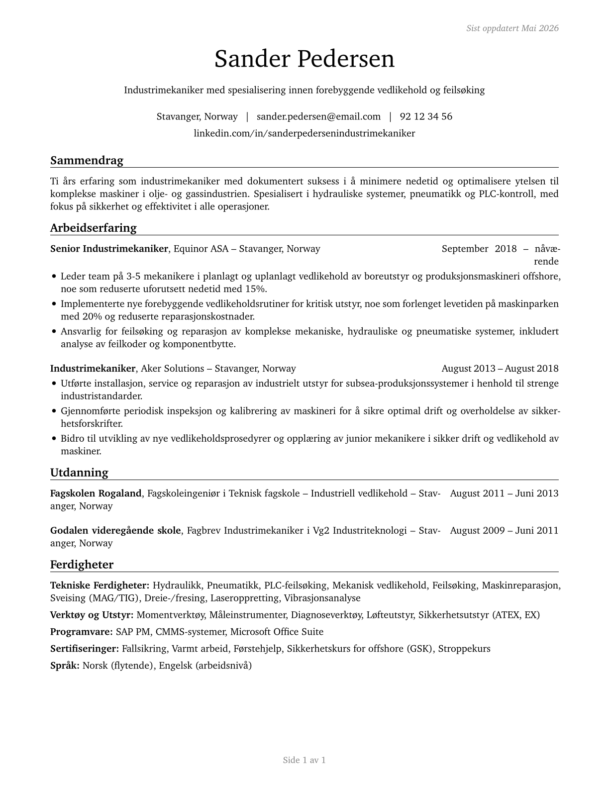 Industrial Machinery Mechanics CV in Norwegian_bokmal — page 1