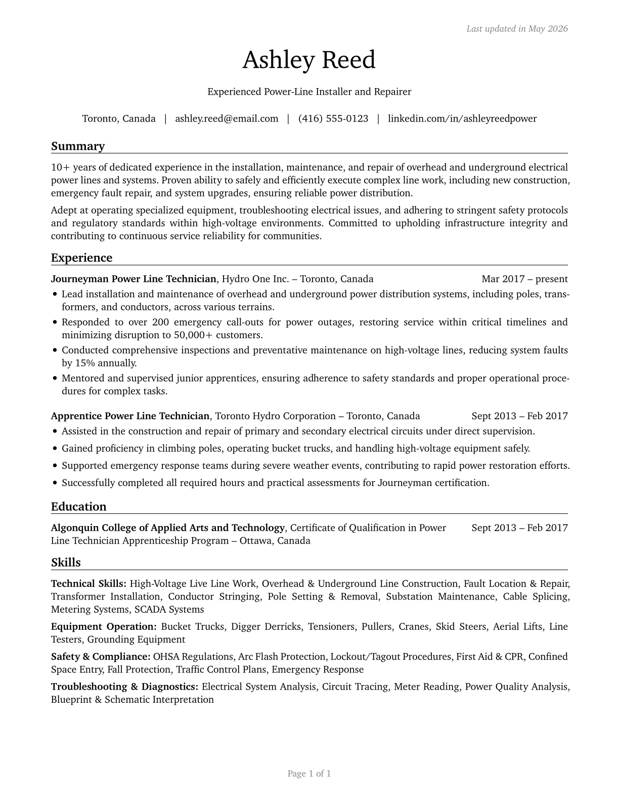 Electrical Power-Line Installers and Repairers CV in English — page 1