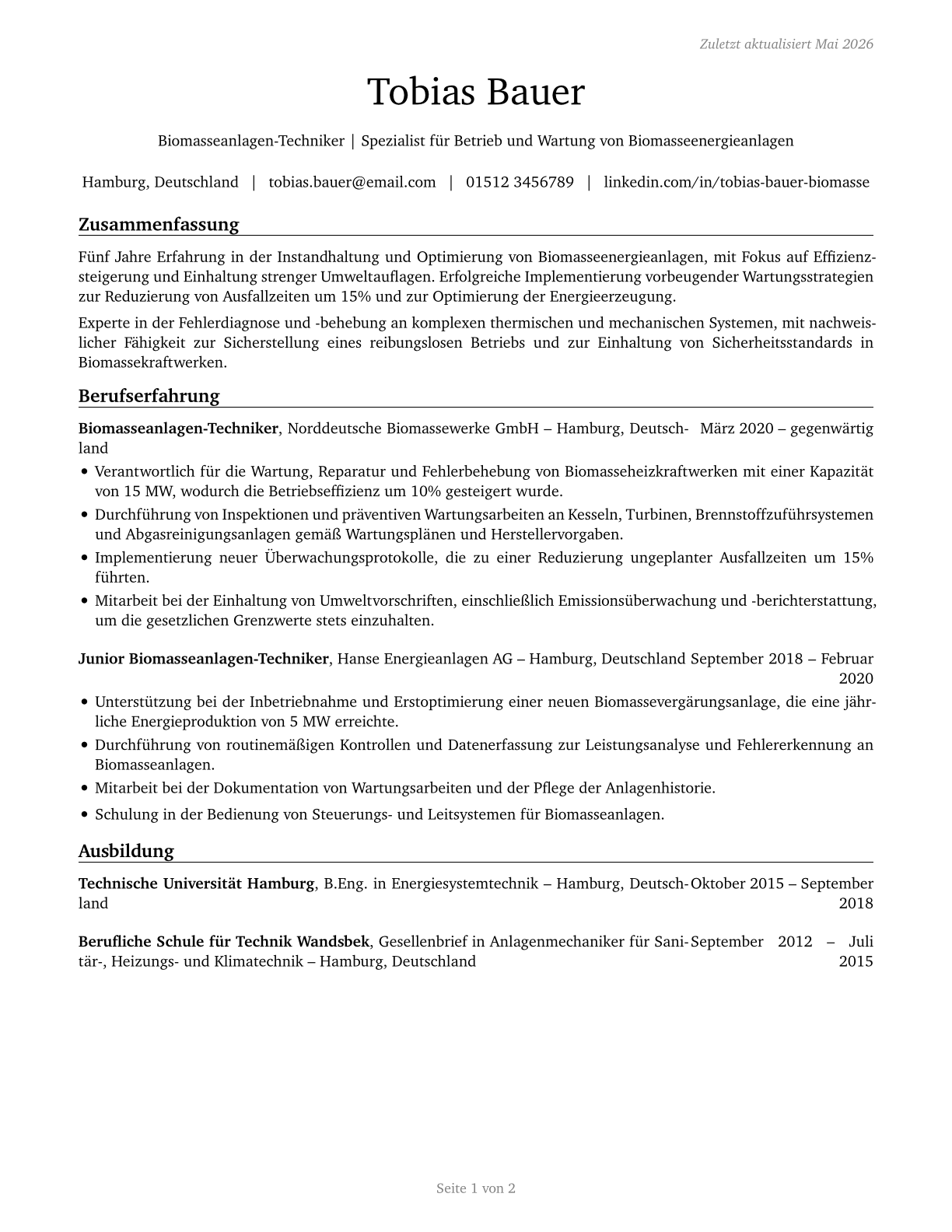 Biomass Plant Technicians CV in German — page 1