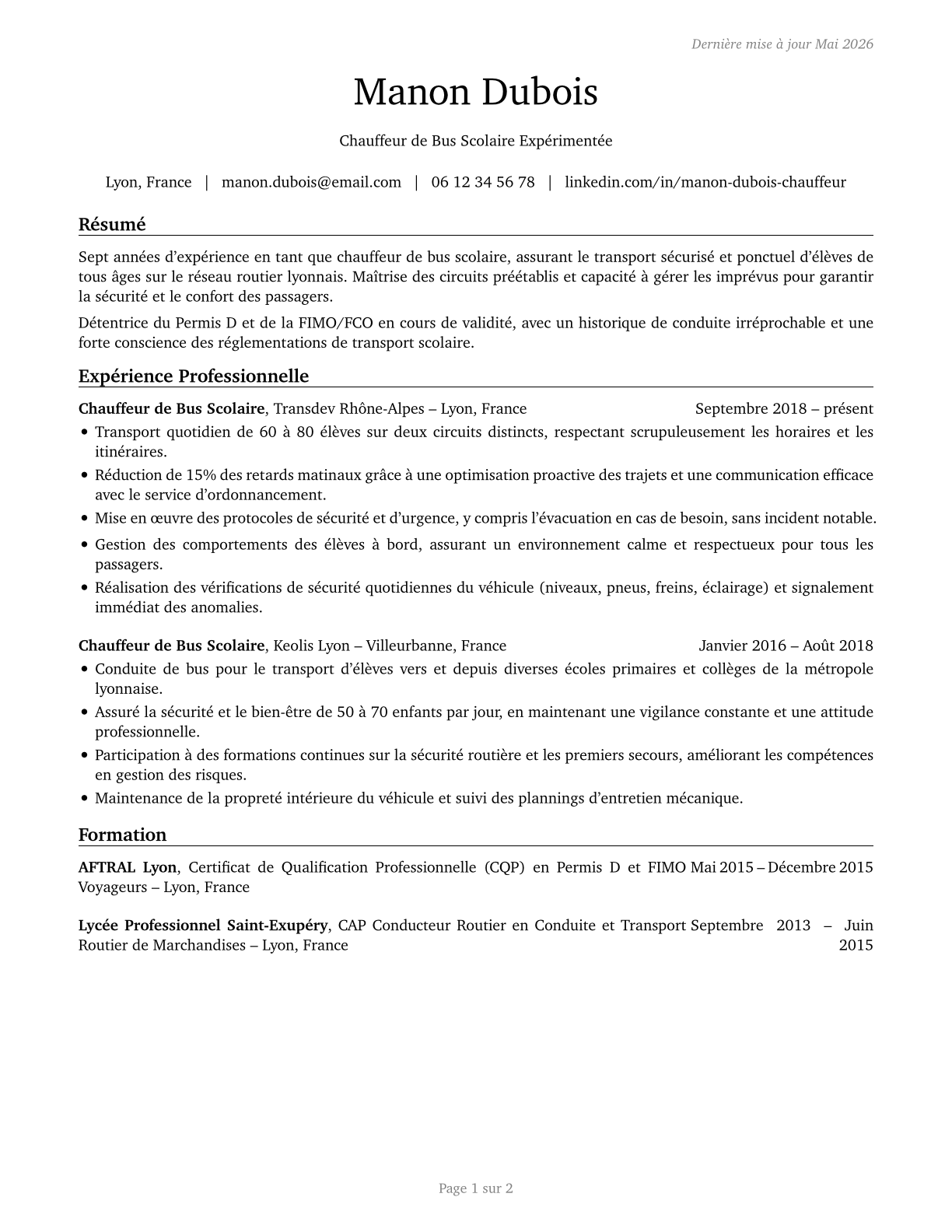 Bus Drivers, School CV in French — page 1
