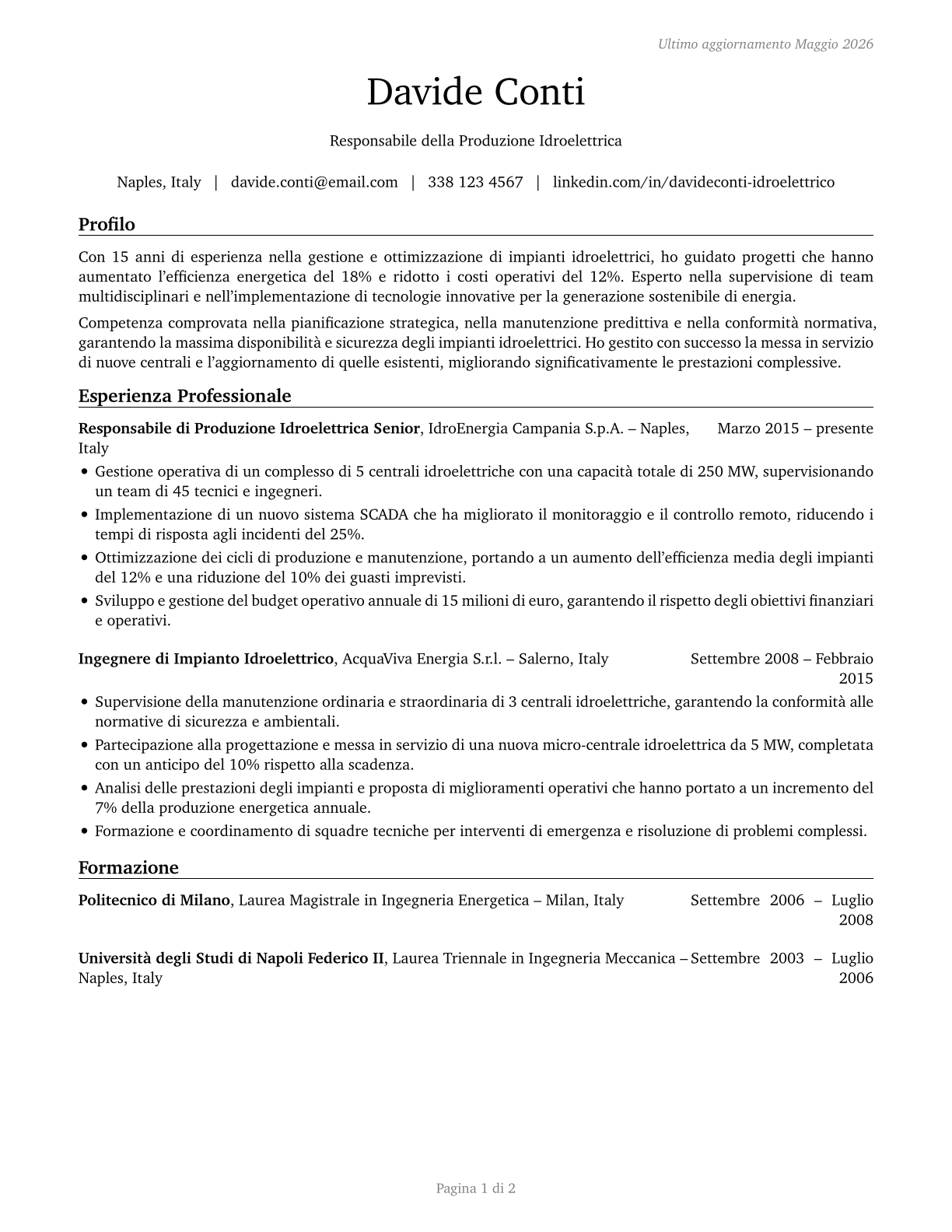 Hydroelectric Production Managers CV in Italian — page 1