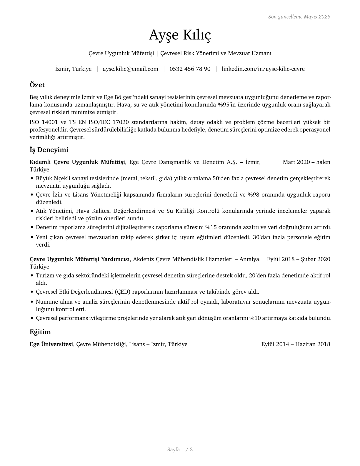 Environmental Compliance Inspectors CV in Turkish — page 1