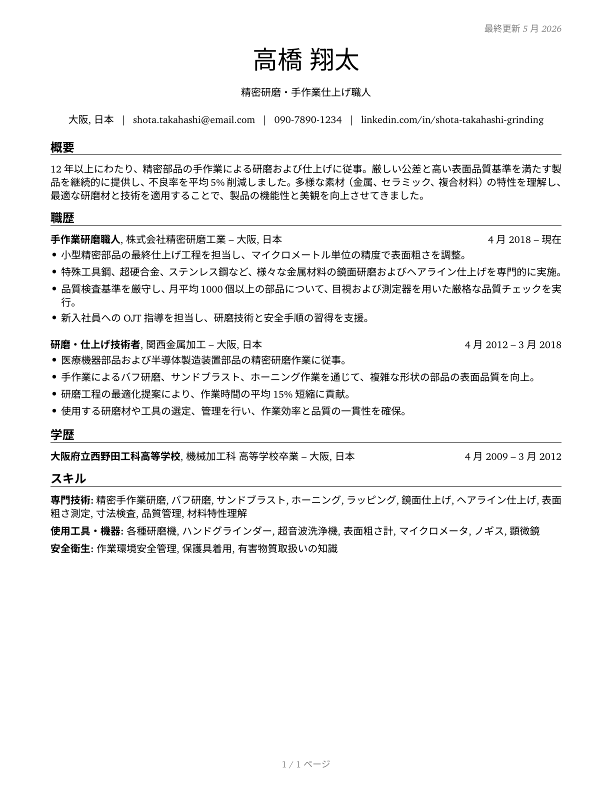 Grinding and Polishing Workers, Hand CV in Japanese — page 1