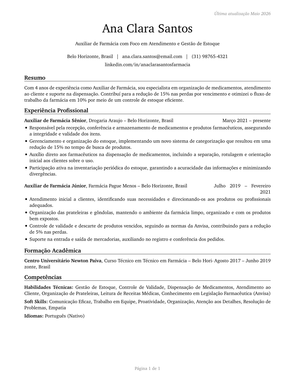 Pharmacy Aides CV in Portuguese — page 1