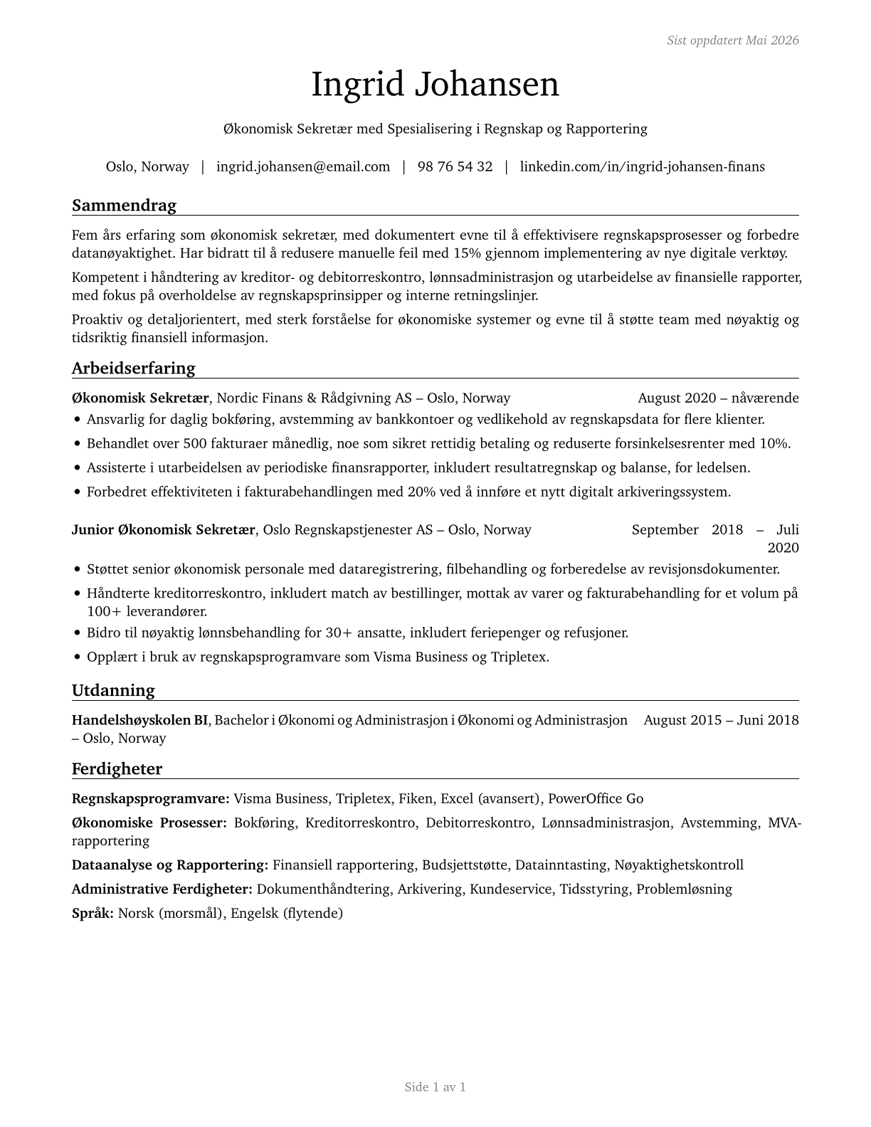 Financial Clerks, All Other CV in Norwegian_bokmal — page 1
