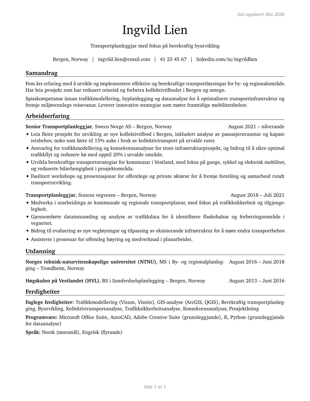 Transportation Planners CV in Norwegian_nynorsk — page 1