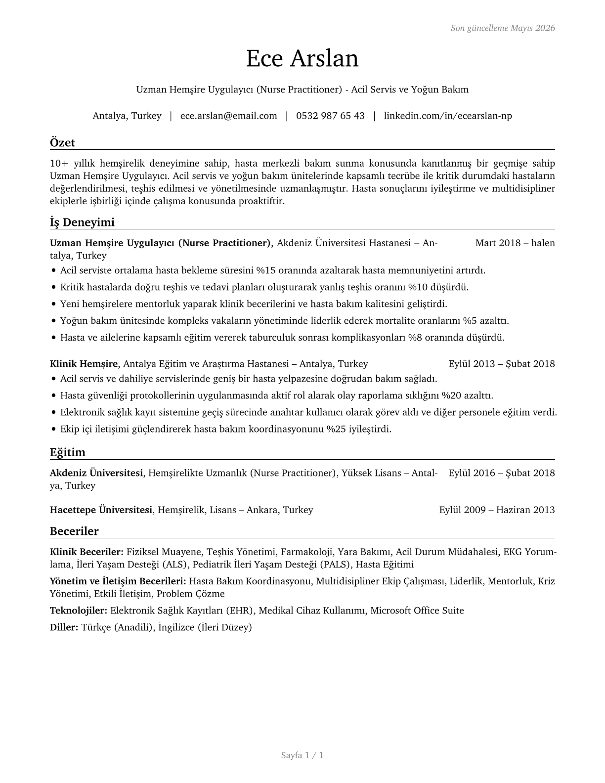 Nurse Practitioners CV in Turkish — page 1