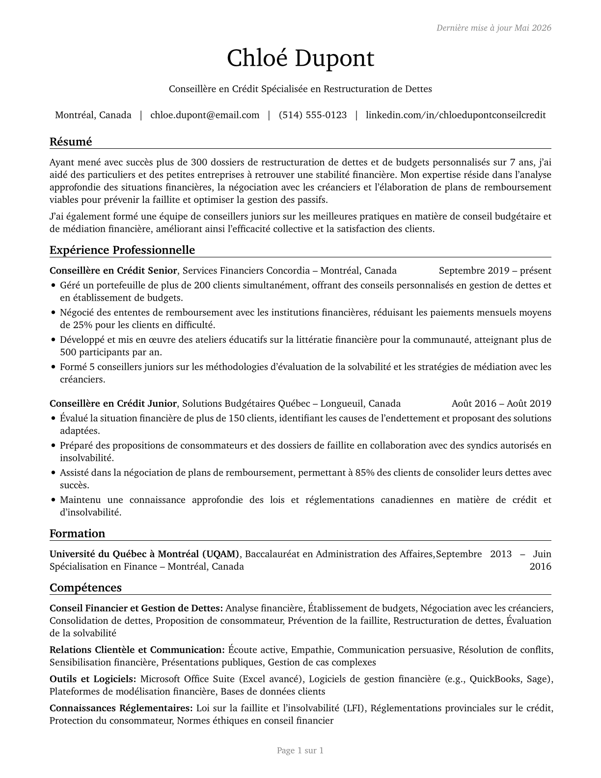 Credit Counselors CV in French — page 1