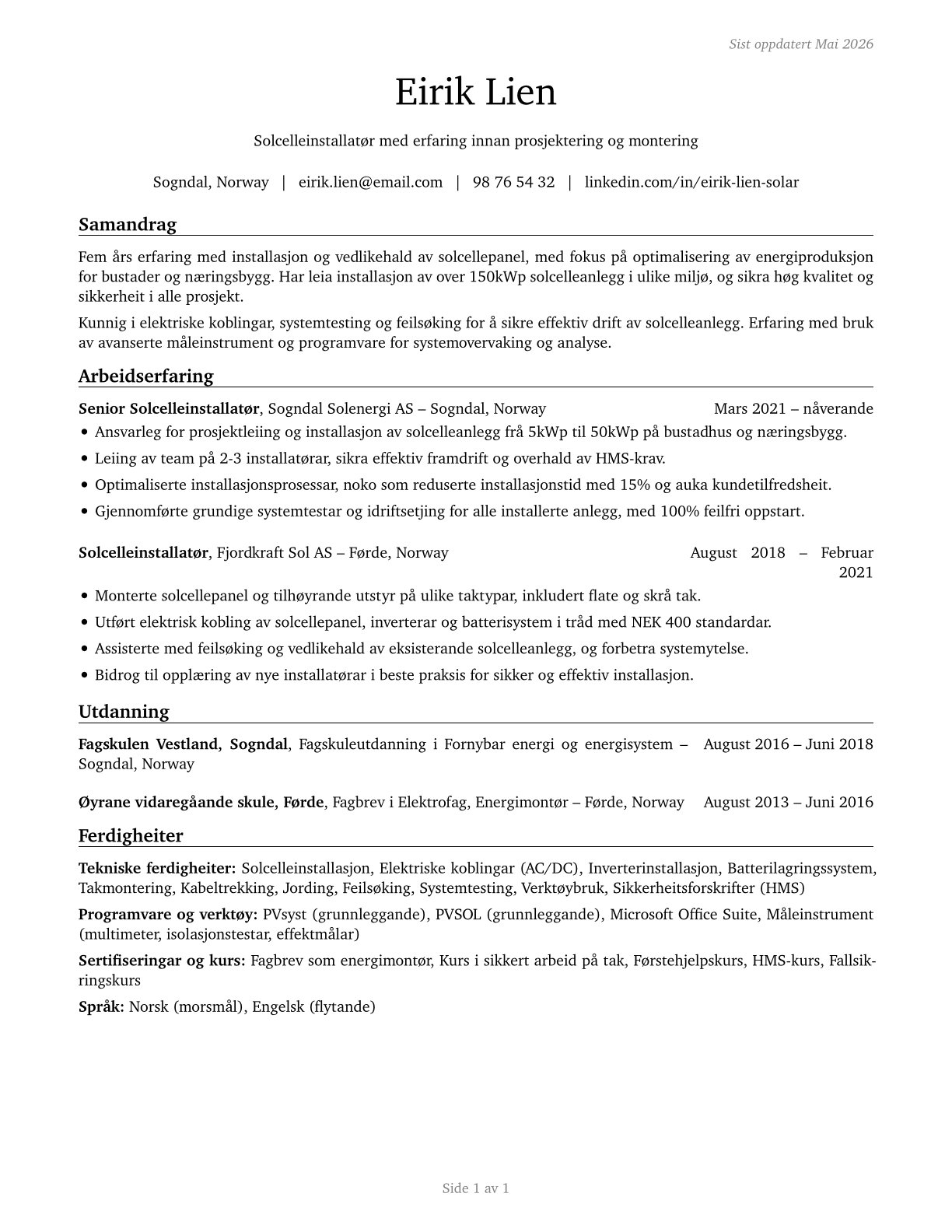 Solar Photovoltaic Installers CV in Norwegian_nynorsk — page 1