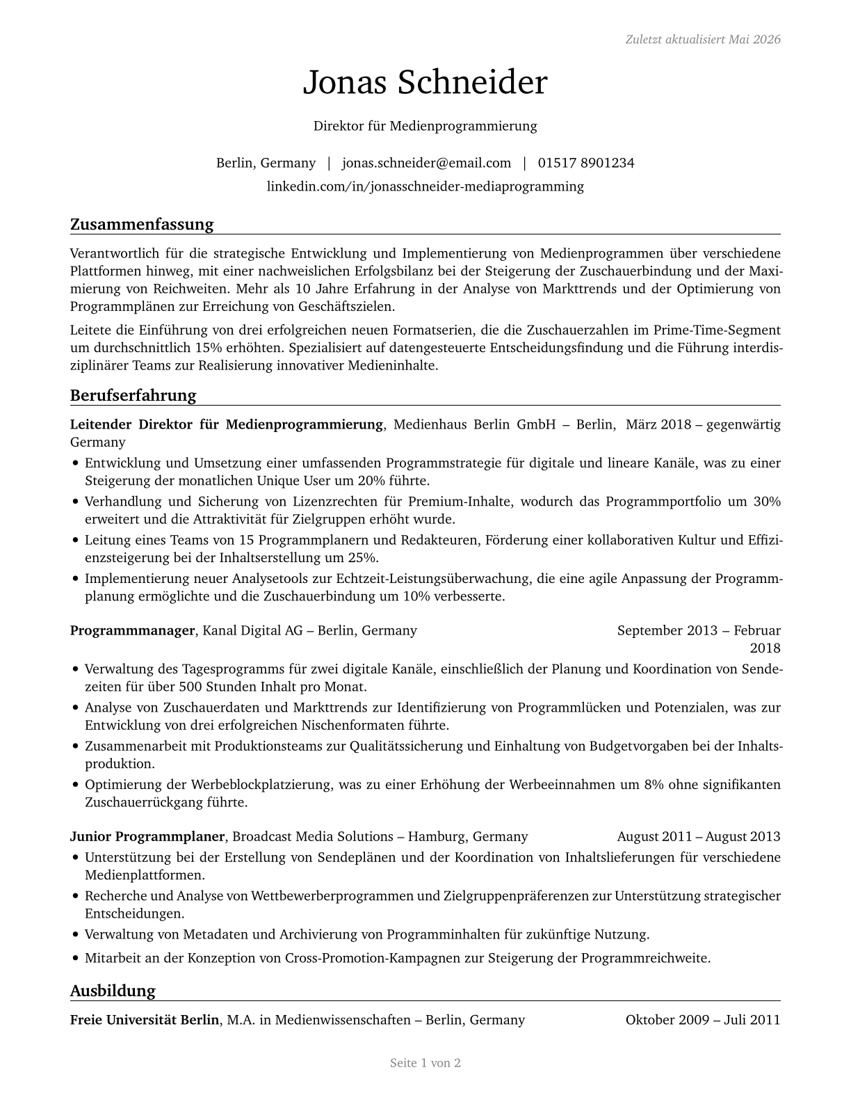 Media Programming Directors CV in German — page 1