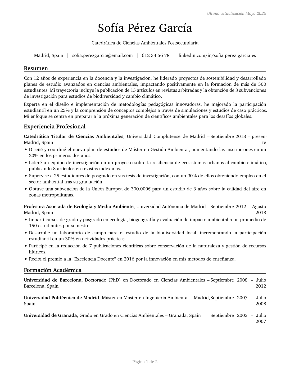 Environmental Science Teachers, Postsecondary CV in Spanish — page 1