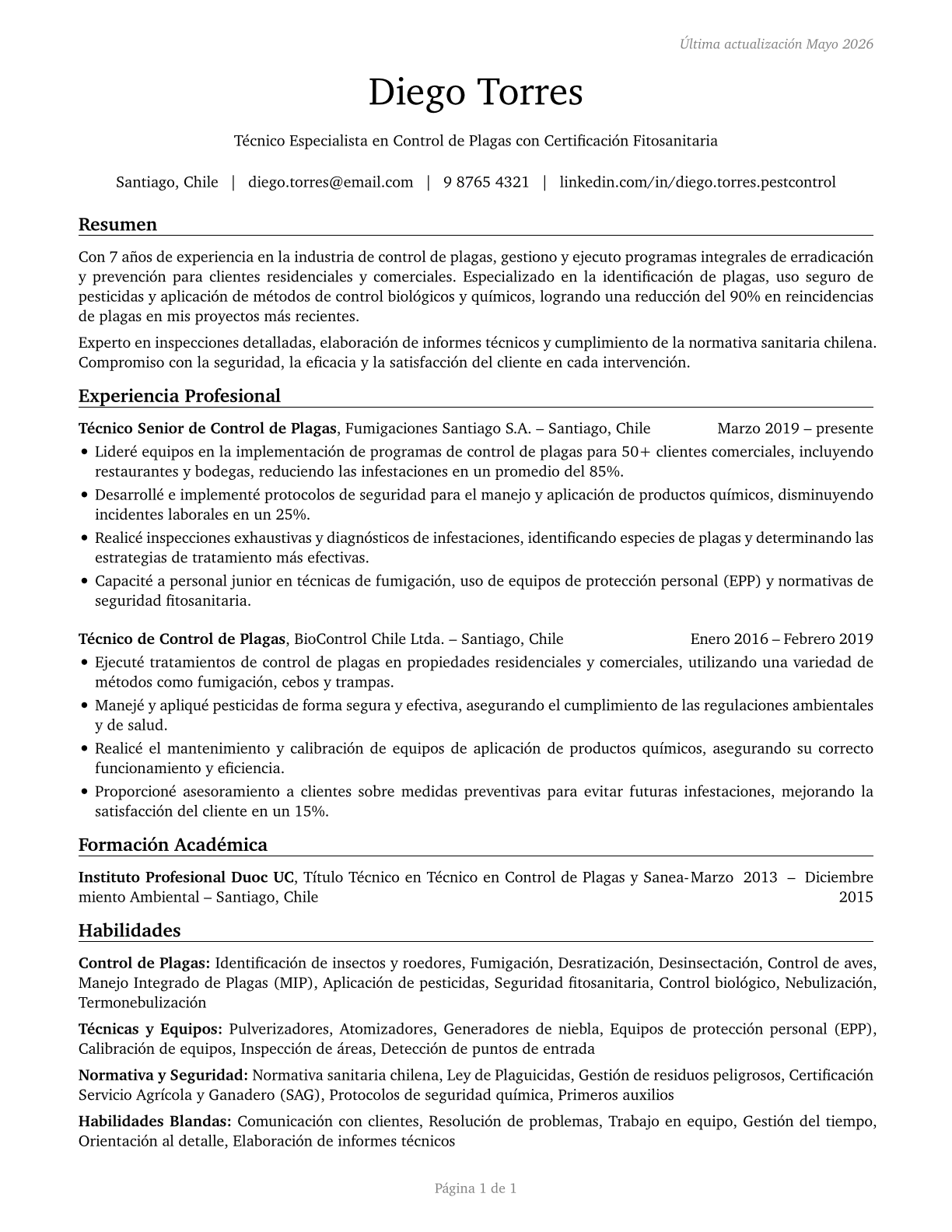 Pest Control Workers CV in Spanish — page 1