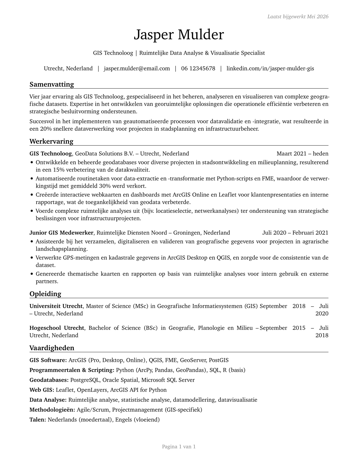 Geographic Information Systems Technologists and Technicians CV in Dutch — page 1