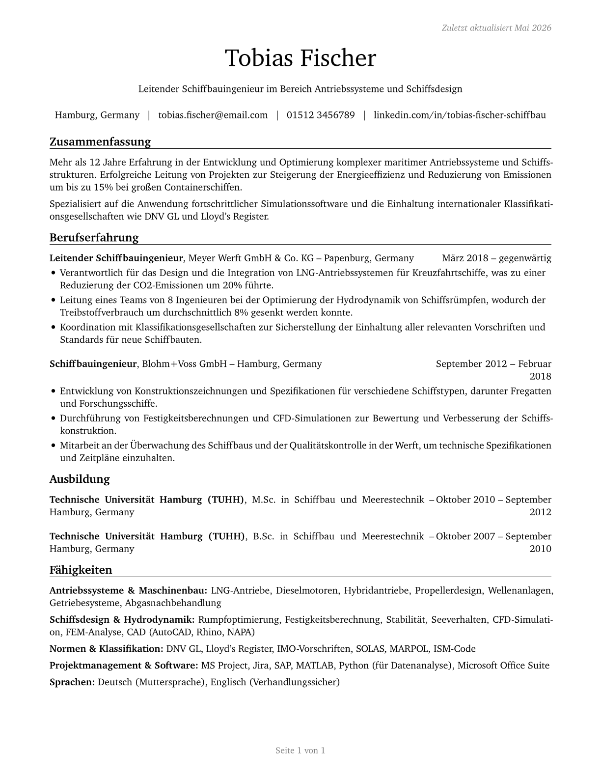 Ship Engineers CV in German — page 1