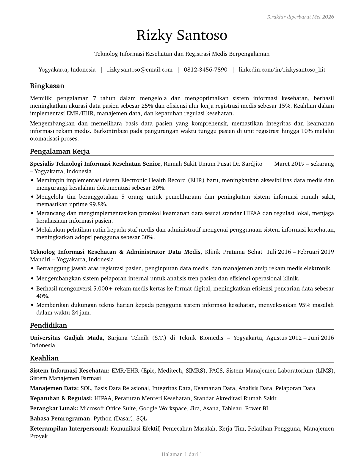 Health Information Technologists and Medical Registrars CV in Indonesian — page 1
