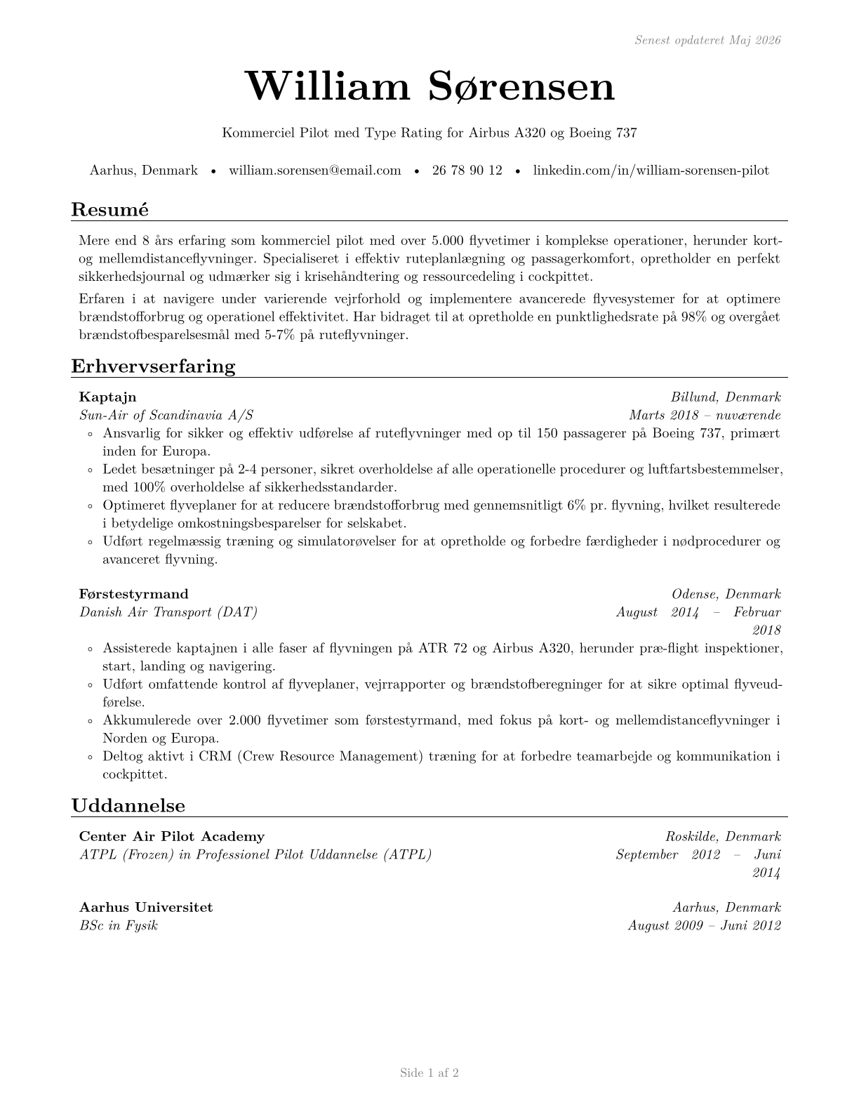 Commercial Pilots CV in Danish — page 1