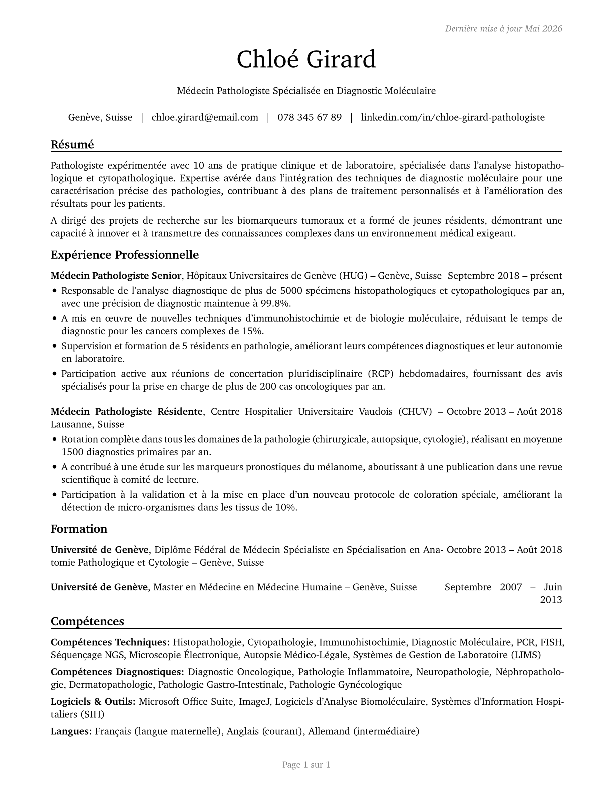 Physicians, Pathologists CV in French — page 1