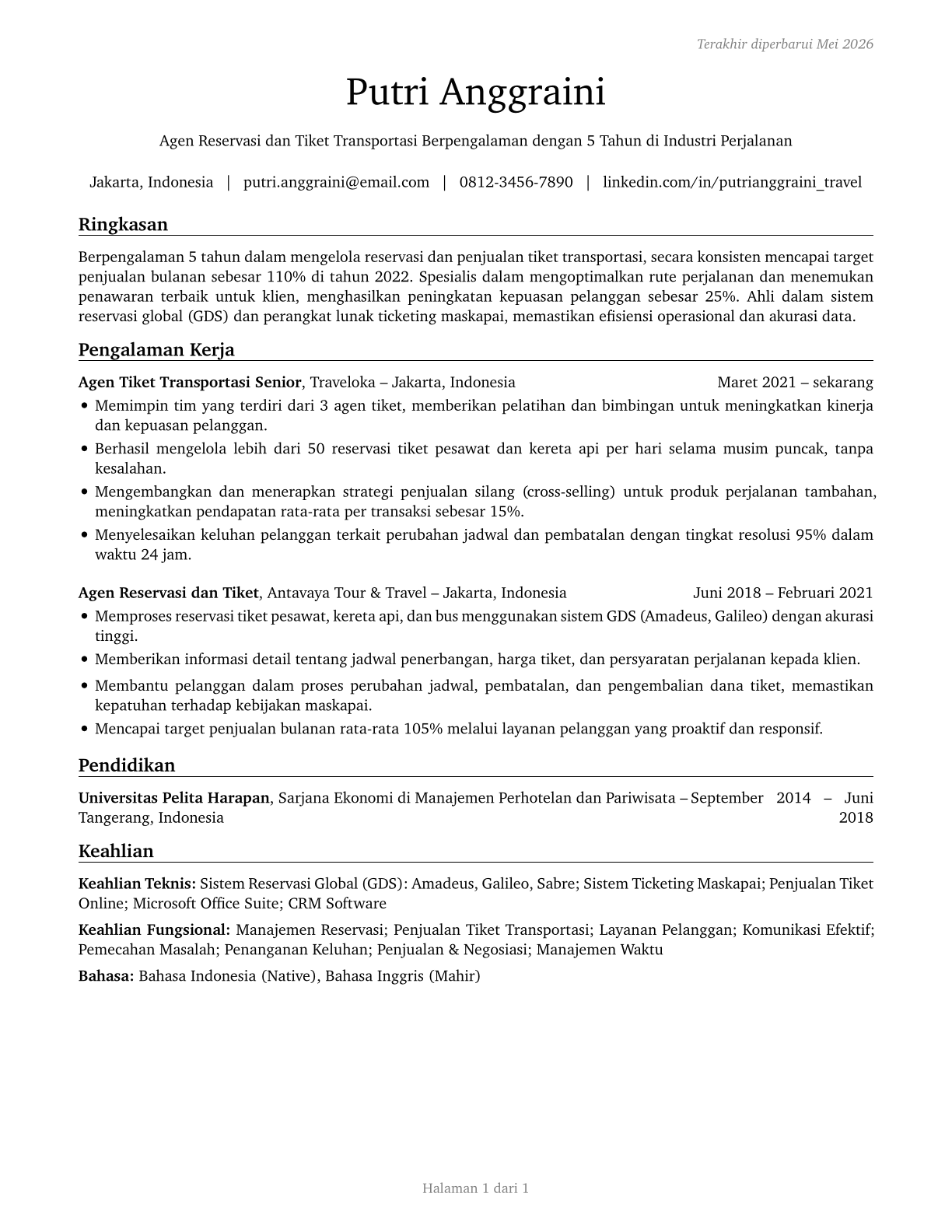Reservation and Transportation Ticket Agents and Travel Clerks CV in Indonesian — page 1