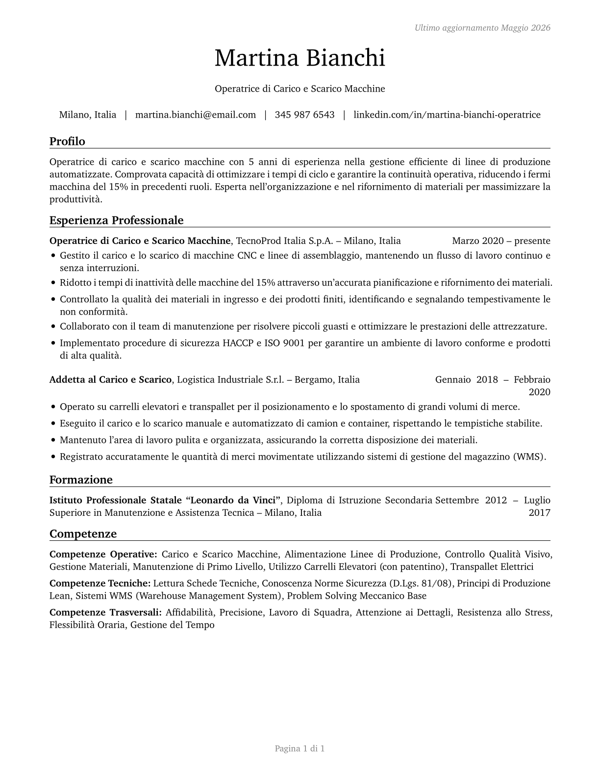 Machine Feeders and Offbearers CV in Italian — page 1