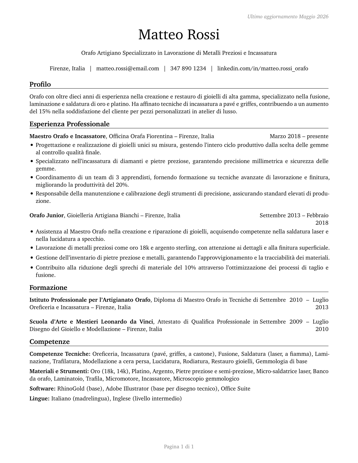 Jewelers and Precious Stone and Metal Workers CV in Italian — page 1