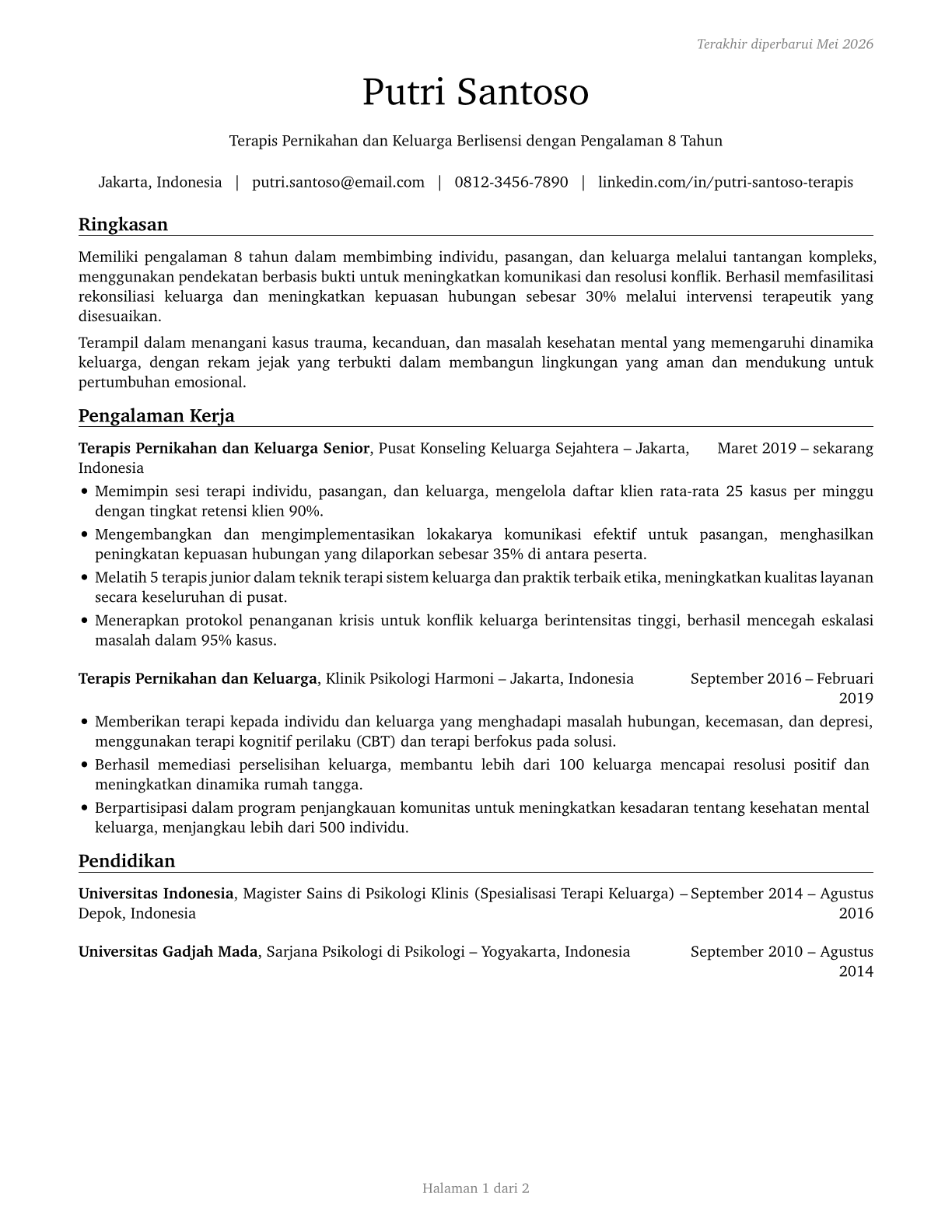 Marriage and Family Therapists CV in Indonesian — page 1