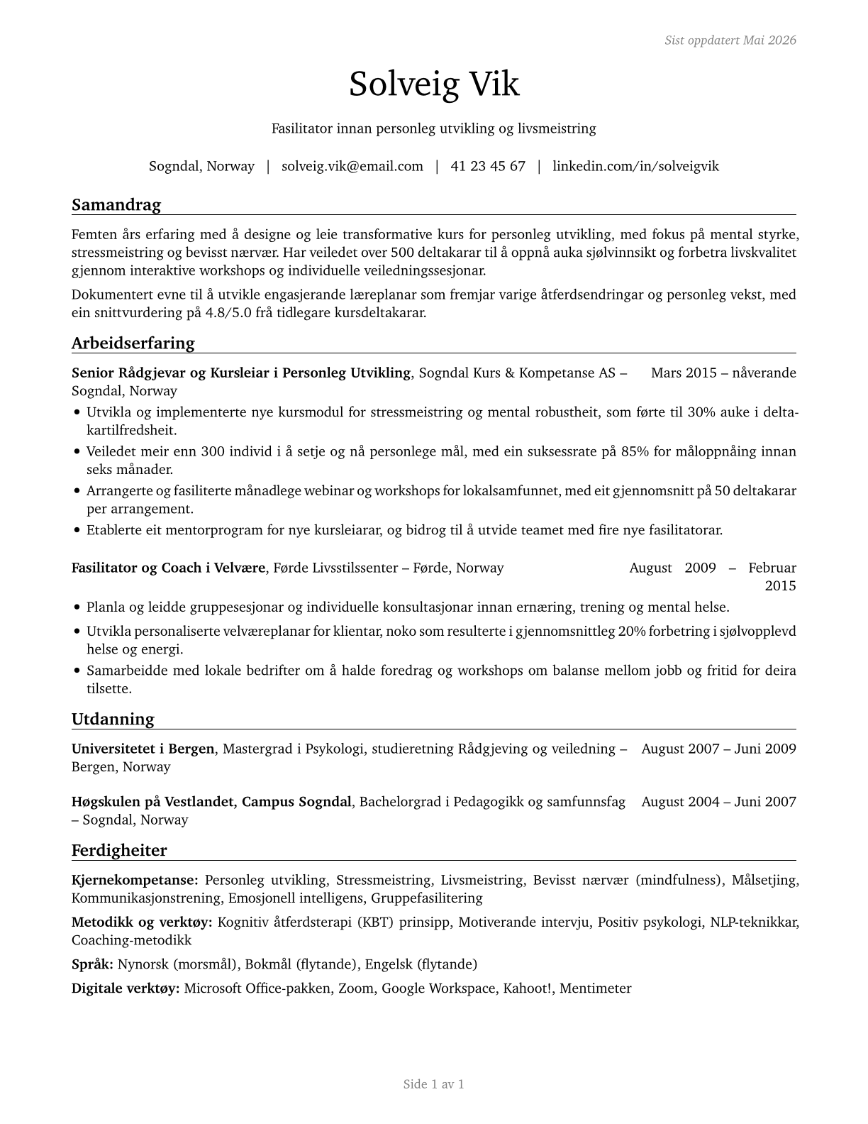 Self-Enrichment Teachers CV in Norwegian_nynorsk — page 1