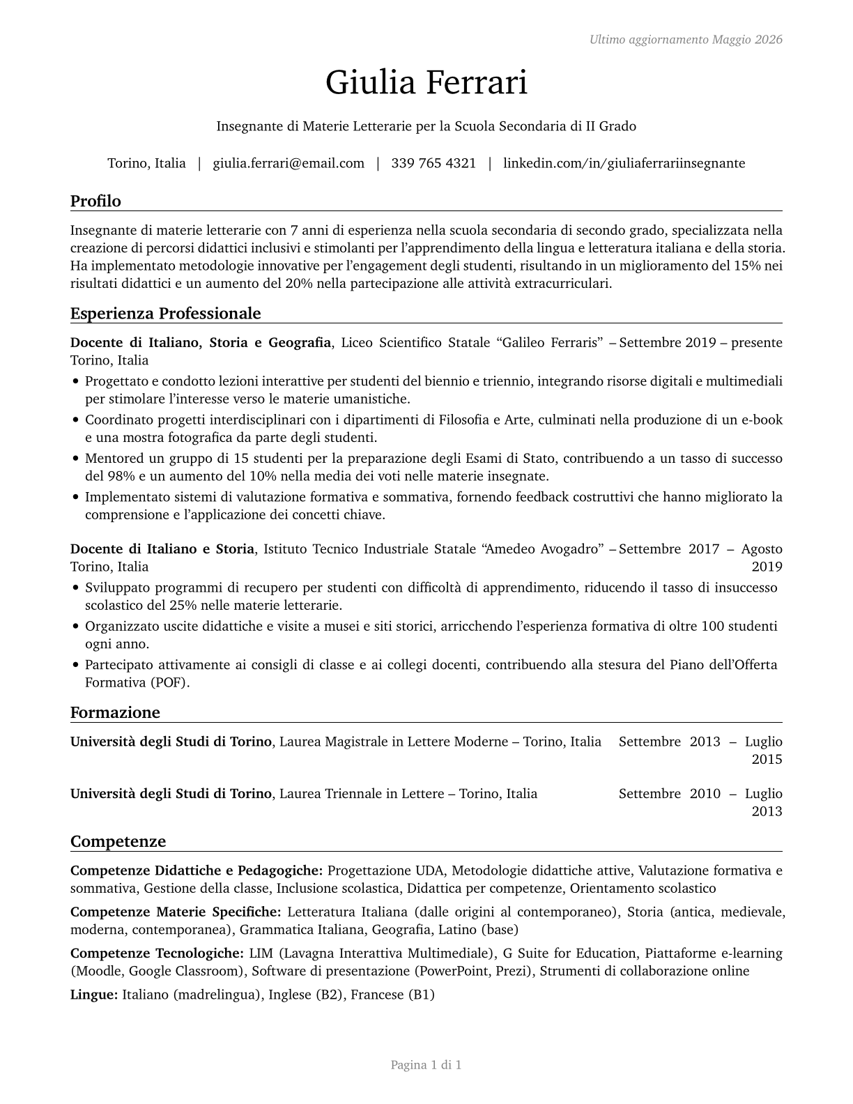 Secondary School Teachers, Except Special and Career/Technical Education CV in Italian — page 1
