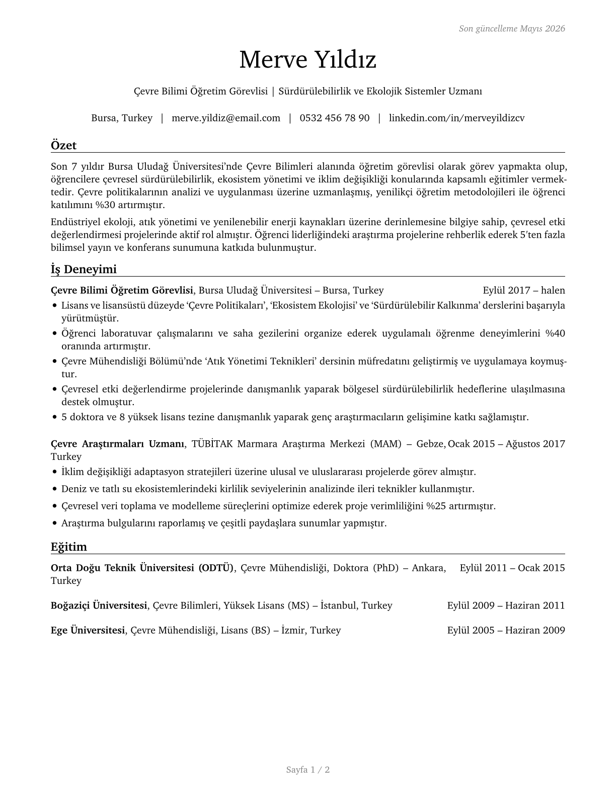 Environmental Science Teachers, Postsecondary CV in Turkish — page 1