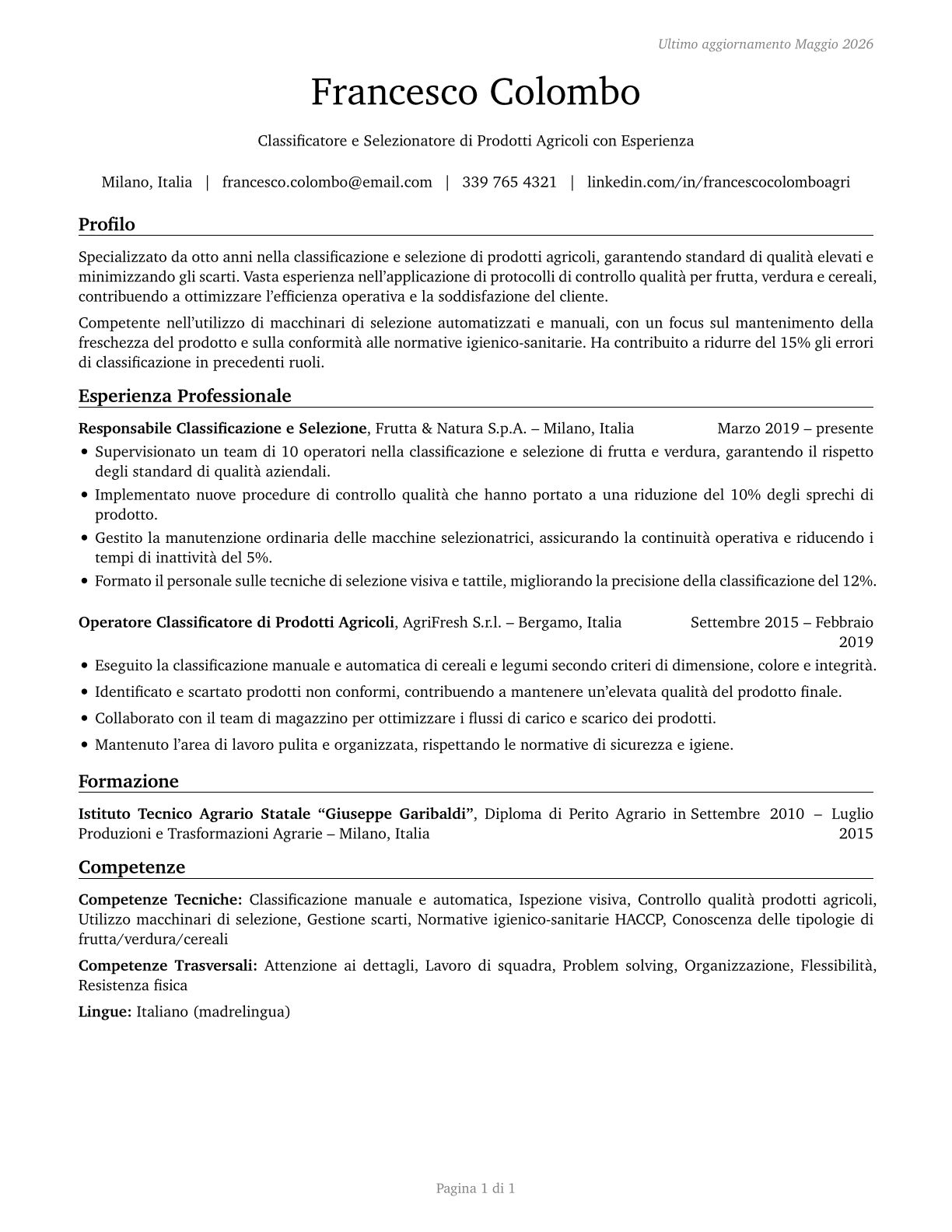 Graders and Sorters, Agricultural Products CV in Italian — page 1