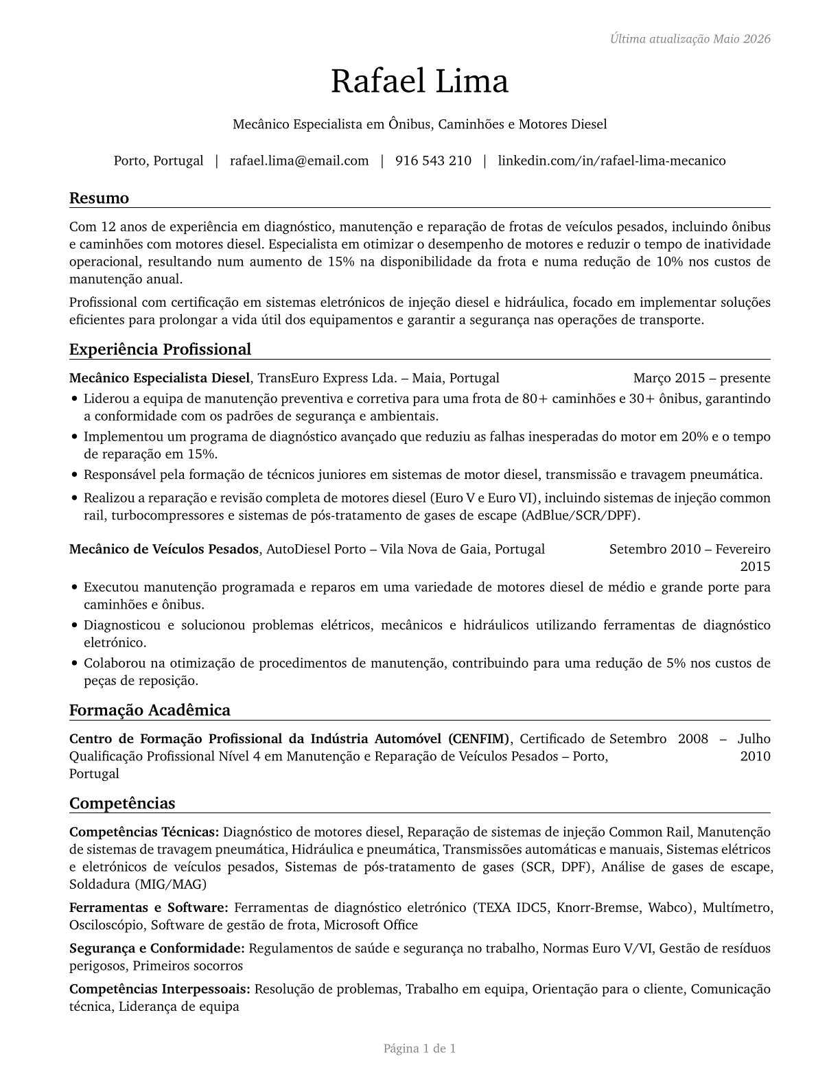 Bus and Truck Mechanics and Diesel Engine Specialists CV in Portuguese — page 1
