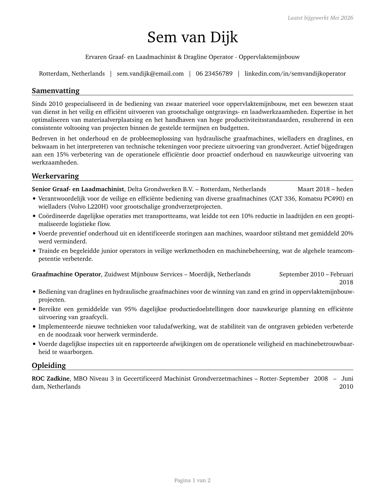 Excavating and Loading Machine and Dragline Operators, Surface Mining CV in Dutch — page 1
