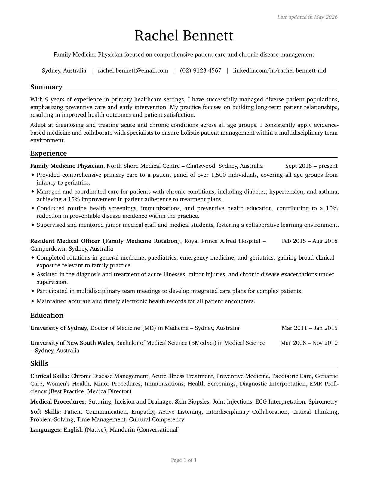 Family Medicine Physicians CV in English — page 1