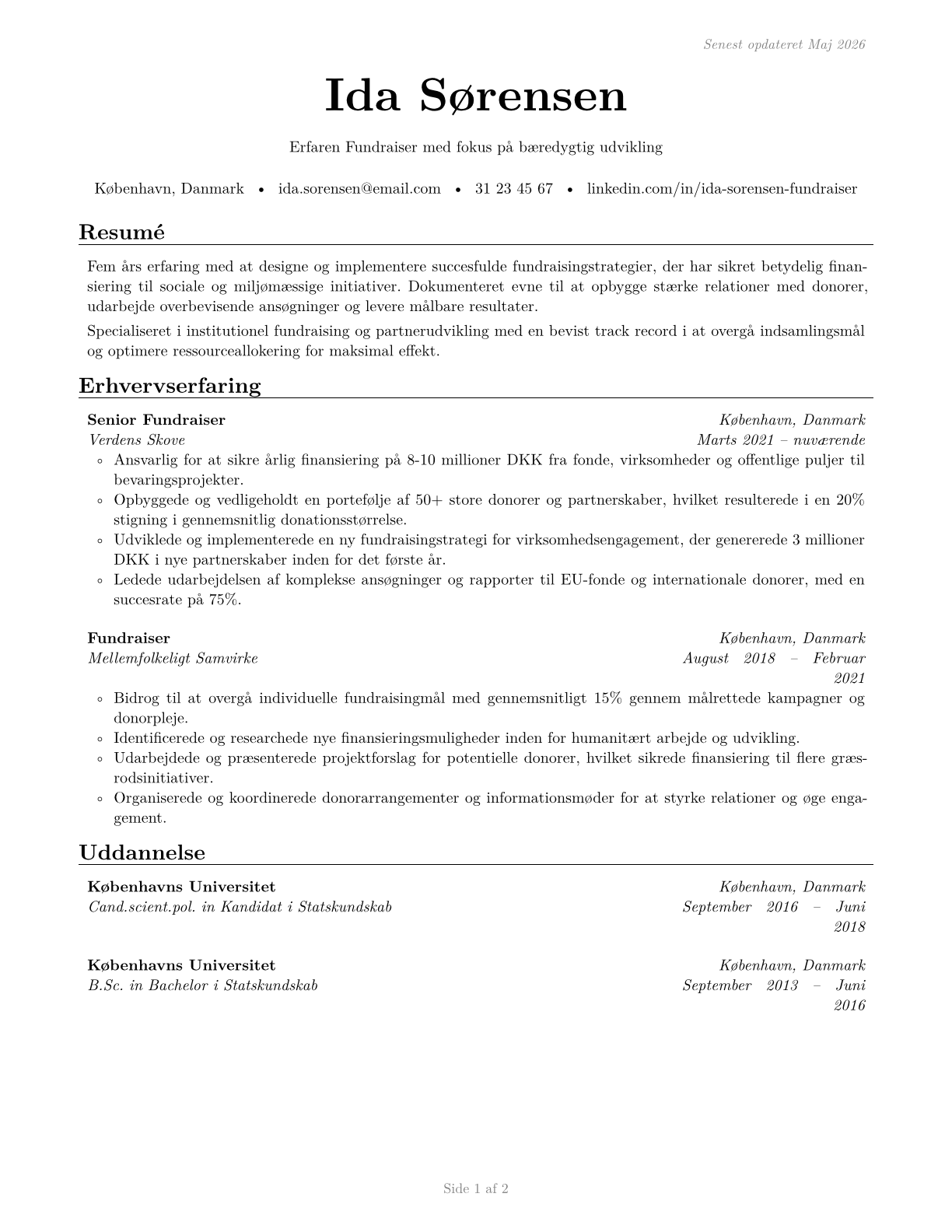 Fundraisers CV in Danish — page 1