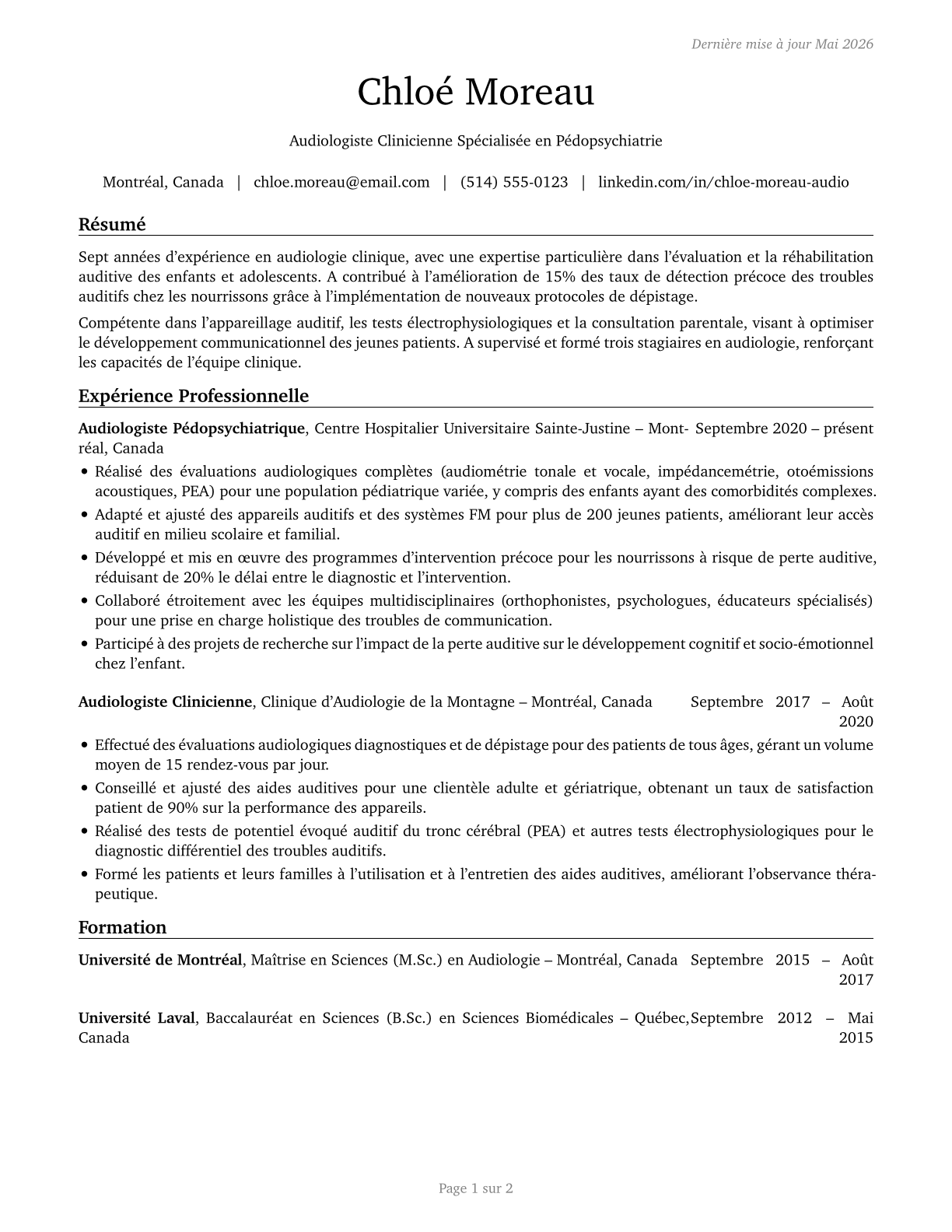 Audiologists CV in French — page 1